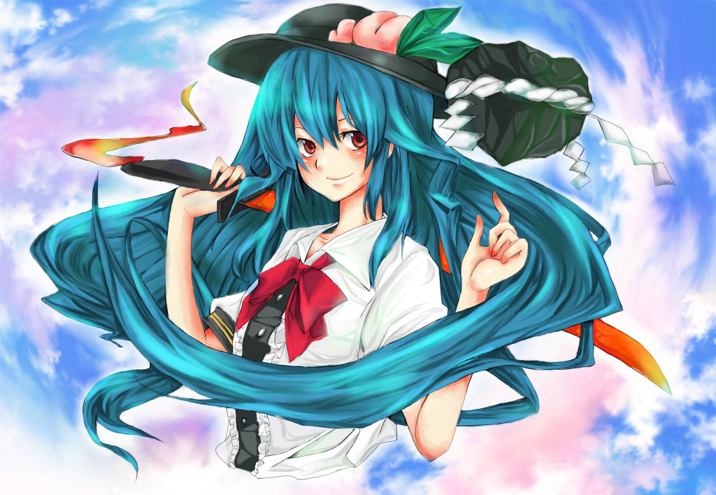 gintarou (kurousagi108), nanami (nanami811), hinanawi tenshi, touhou, colorized, 1girl, blue hair, female focus, food, fruit, hat, long hair, peach, red eyes, rock, solo, sword, sword of hisou, weapon