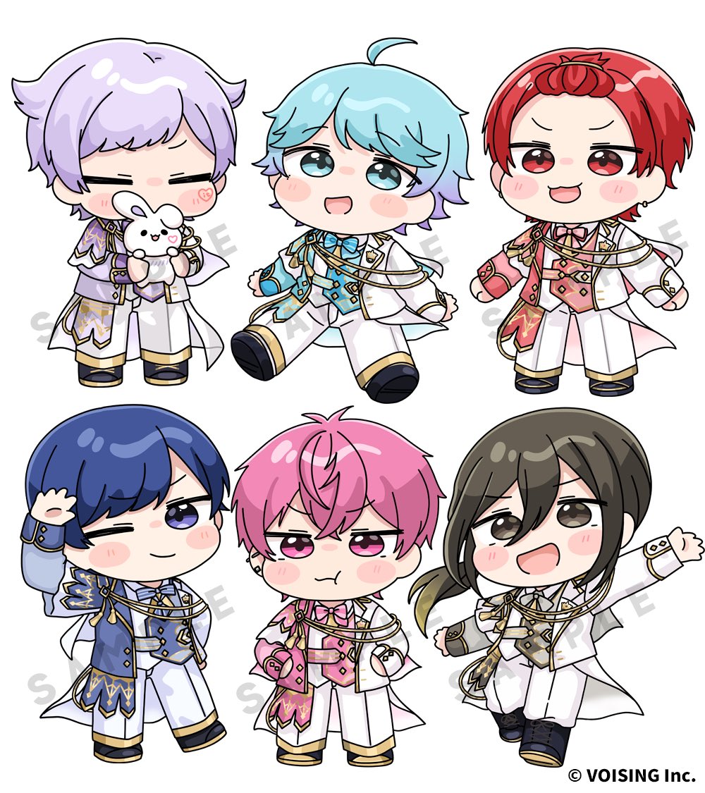 mochimiko, official art, 6+boys, :d, :t, ;), ahoge, animal, bangs pinned back, black boots, black shoes, blue bow, blue eyes, blue hair, blue jacket, blue vest, blush stickers, boots, bow, brown eyes, brown hair, brown jacket, brown vest, chibi, closed mouth, collared shirt, forehead, grey bow, holding, holding animal, hotoke (ireisu), if (ireisu), ireisu, jacket, lace-up boots, liura (ireisu), male focus, multiple boys, naiko (ireisu), one eye closed, open clothes, open jacket, open mouth, outstretched arms, pants, pink bow, pink eyes, pink hair, pink jacket, pink vest, pout, purple bow, purple eyes, purple hair, purple jacket, purple vest, rabbit, red eyes, red hair, sample watermark, shirt, sho (ireisu), shoes, simple background, smile, spread arms, striped bow, v-shaped eyebrows, vest, watermark, wavy mouth, white background, white jacket, white pants, white shirt, yusuke (ireisu)