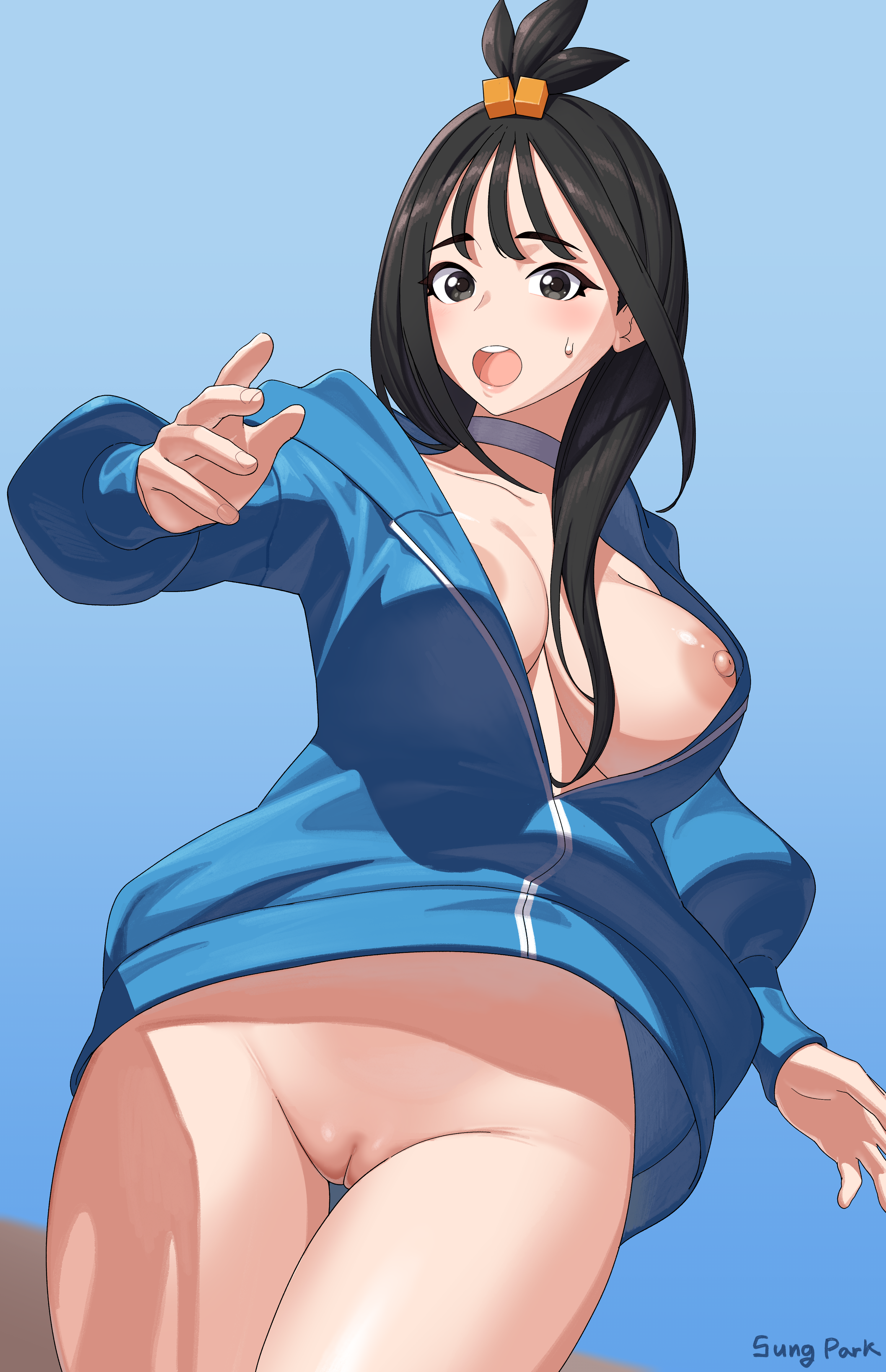 sungpark, lida (pokemon), nintendo, pokemon, pokemon legends: z-a, absurdres, highres, 1girl, black hair, blue jacket, blush, bottomless, breasts, choker, cube hair ornament, grey eyes, hair ornament, hood, hooded jacket, jacket, large breasts, long hair, long sleeves, looking at viewer, nipples, open mouth, pussy, solo, thighs
