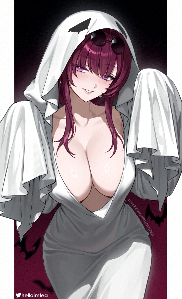 helloimtea, kafka (honkai: star rail), honkai: star rail, honkai (series), commentary, english commentary, highres, paid reward available, 1girl, artist name, blush, border, breasts, cleavage, collarbone, earrings, eyewear on head, ghost costume, ghost pose, glasses, gradient background, hair intakes, halloween costume, hands up, jewelry, large breasts, leaning forward, letterboxed, long hair, looking at viewer, naughty face, no bra, parted lips, pince-nez, purple background, purple eyes, purple hair, round eyewear, sheet ghost, sidelocks, smile, solo, sunglasses, twitter username, white border