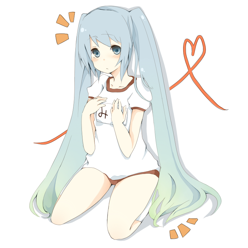 mono (recall), hatsune miku, vocaloid, bad id, bad pixiv id, blush, buruma, gym uniform, long hair, solo, twintails, very long hair