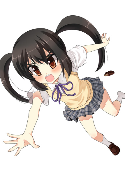 kouji (campus life), nakano azusa, k-on!, 00s, 1girl, black hair, brown eyes, female focus, long hair, plaid clothes, plaid skirt, school uniform, shoes, single shoe, skirt, solo, sweater vest, tripping, twintails
