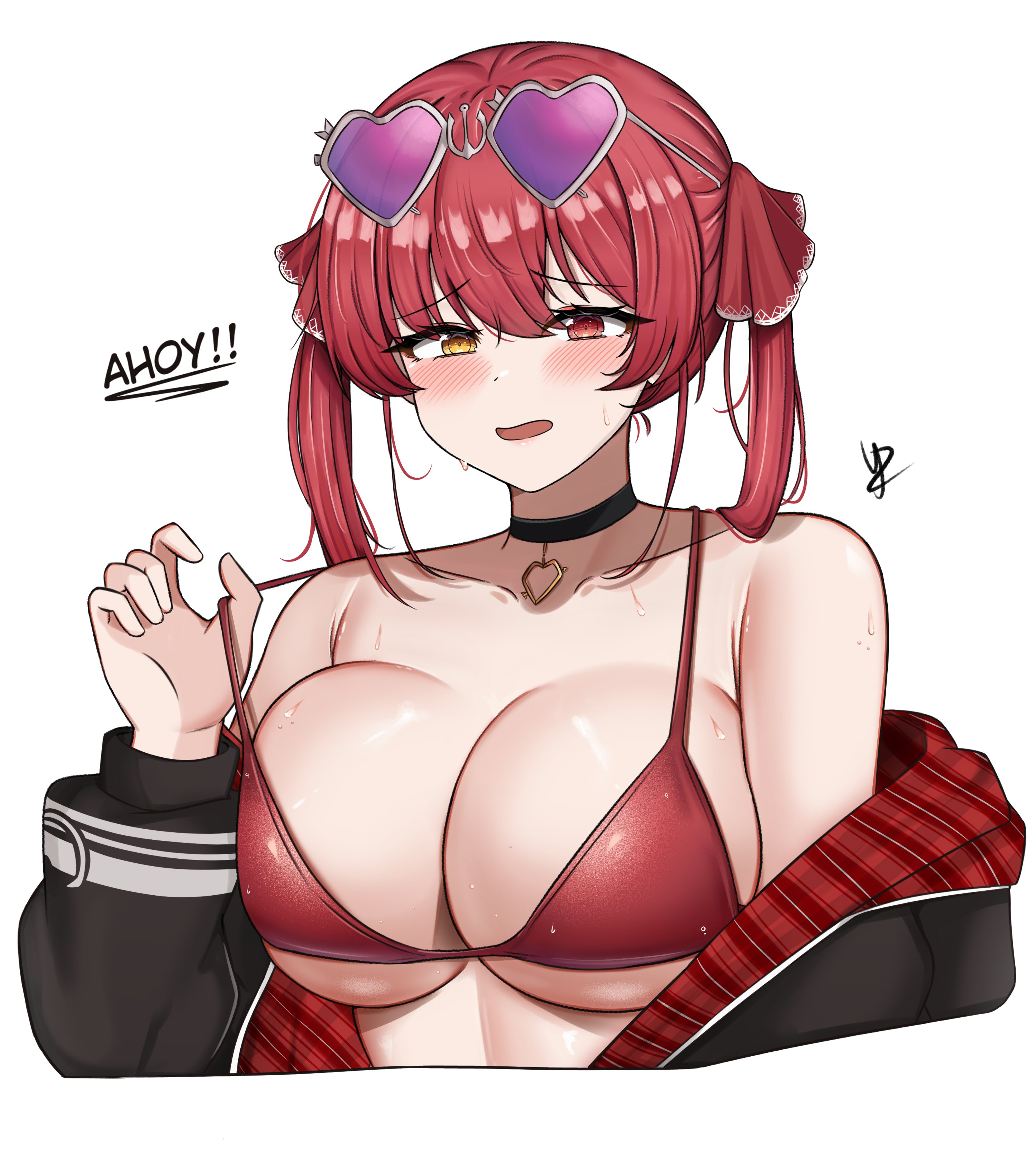 yukaraishin, houshou marine, houshou marine (summer), hololive, absurdres, commentary, highres, 1girl, armpit crease, bare shoulders, bikini, black choker, black jacket, blush, breasts, choker, collarbone, cropped torso, eyewear on head, heart, heart choker, heterochromia, jacket, jacket partially removed, large breasts, long hair, looking at viewer, official alternate costume, official alternate hair length, official alternate hairstyle, open mouth, pink-tinted eyewear, red bikini, red eyes, red hair, simple background, solo, sunglasses, sweat, swimsuit, tinted eyewear, twintails, virtual youtuber, white background, wispy bangs, yellow eyes