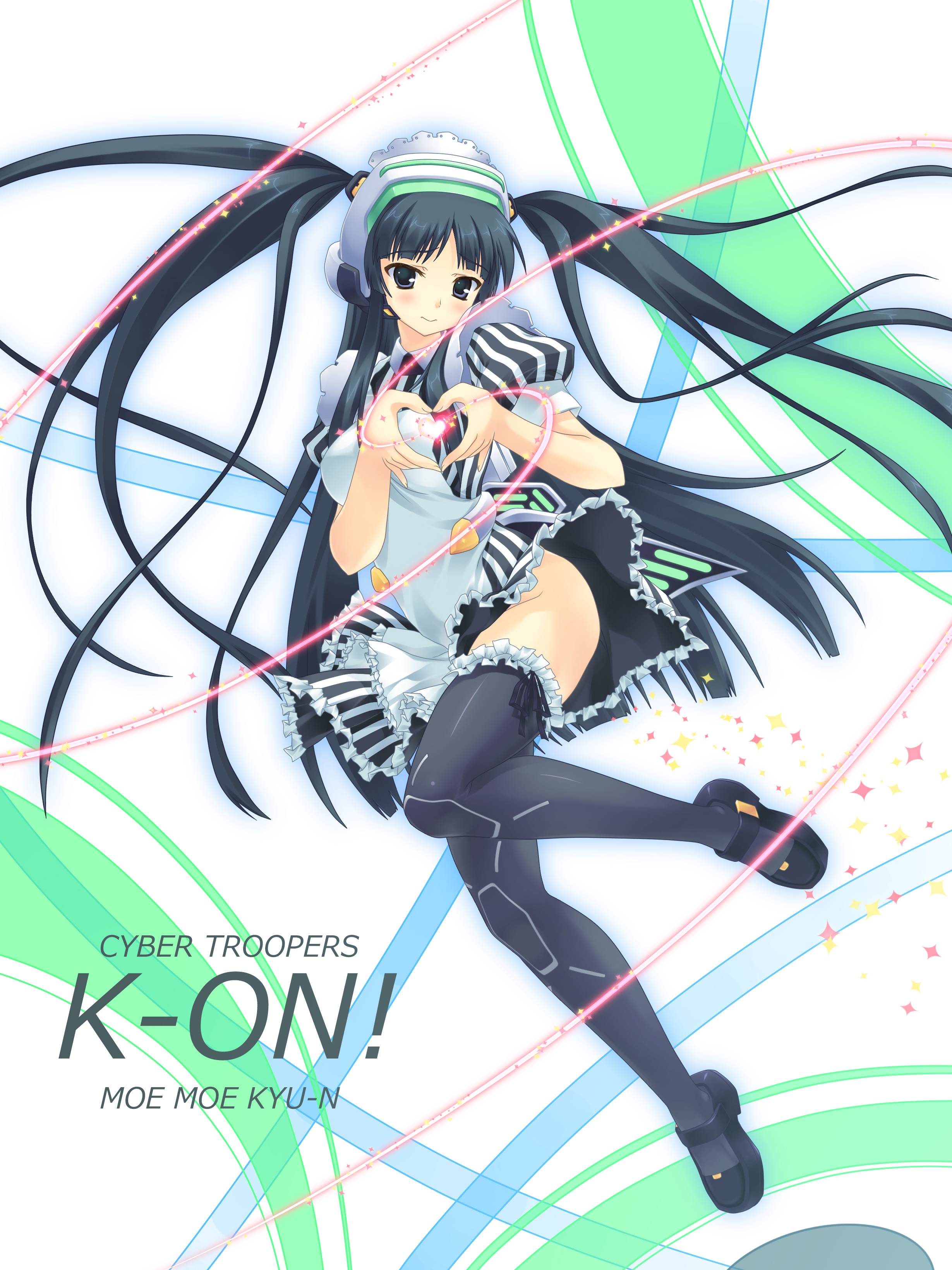 aoi sora-maru, akiyama mio, fei-yen, k-on!, virtual on, striped, absurdres, highres, 1girl, alternate costume, apron, black eyes, cosplay, enmaided, fei-yen (cosplay), female focus, frilled thighhighs, frills, headset, heart, heart hands, legs, long hair, maid, maid apron, moe moe kyun!, parody, solo, thighhighs, twintails