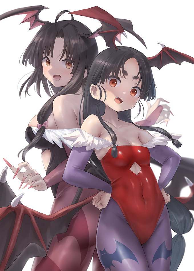 toka (marchlizard), houshou (kancolle), lilith (darkstalkers), morrigan aensland, nisshin (kancolle), darkstalkers, kantai collection, 2girls, ahoge, animal print, ass, back-to-back, bat print, bat wings, black leotard, blue pantyhose, breasts, bridal gauntlets, clothing cutout, cosplay, diamond cutout, fang, feather-trimmed leotard, head wings, highleg, highleg leotard, leotard, lilith (darkstalkers) (cosplay), long hair, looking at viewer, medium breasts, morrigan aensland (cosplay), multiple girls, off-shoulder leotard, pantyhose, print pantyhose, purple pantyhose, purple wings, red leotard, short eyebrows, skin fang, small breasts, smile, thick eyebrows, wings