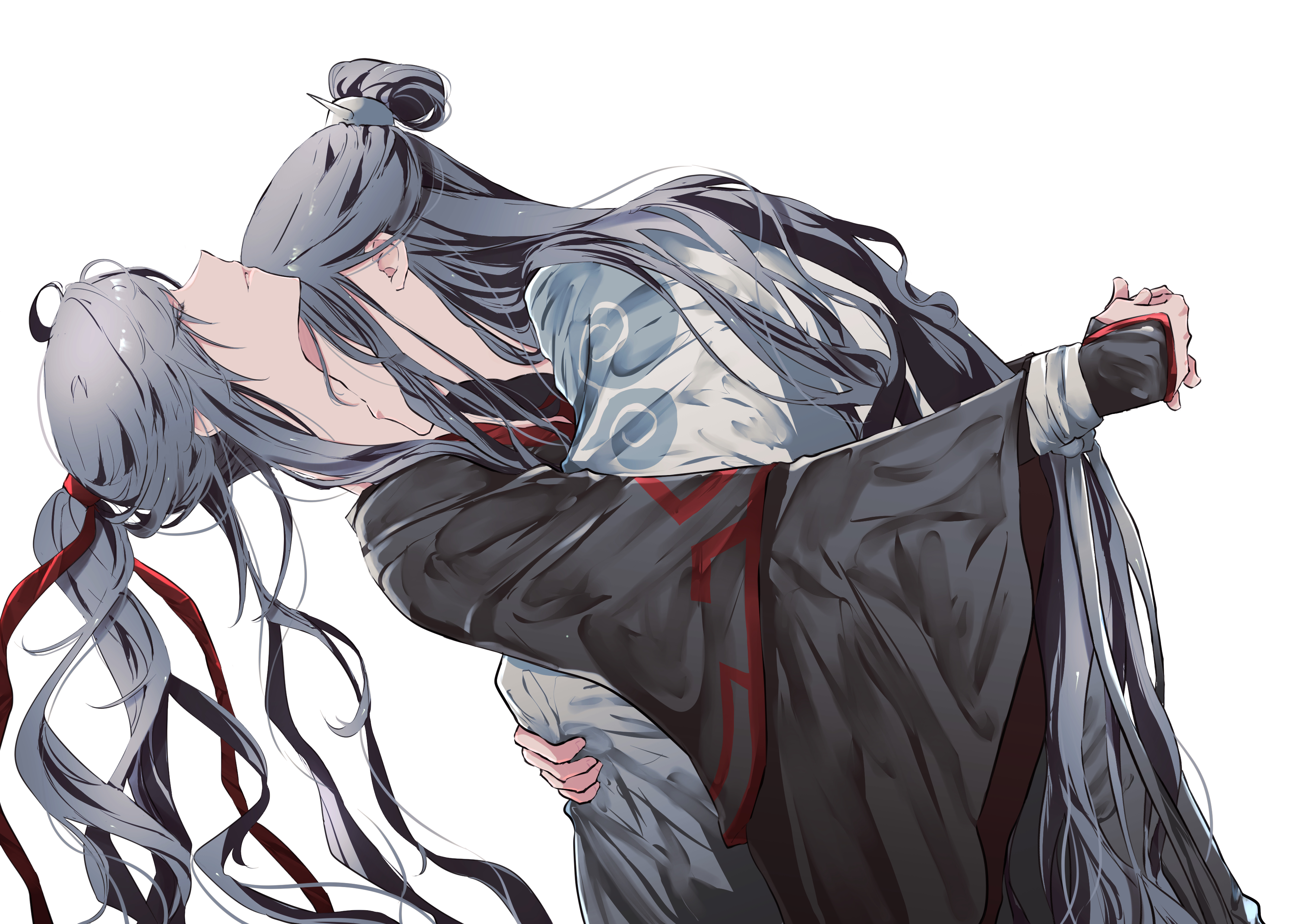 naruse (kmk648), lan wangji, wei wuxian, modao zushi, absurdres, highres, 2boys, ahoge, biting, black hair, black hanfu, bound, bound wrists, chinese clothes, closed eyes, closed mouth, couple, from side, hair ribbon, hanfu, hug, kiss, kissing neck, long hair, long sleeves, male focus, multiple boys, neck biting, parted lips, ponytail, profile, red ribbon, ribbon, ribbon bondage, robe, sidelocks, simple background, sleeves past wrists, topknot, upper body, very long hair, white background, white hanfu, white ribbon, wide sleeves, xiao guan (headdress), yaoi