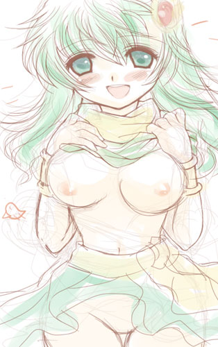 himenekodo, rydia (ff4), final fantasy, final fantasy iv, lowres, 1990s (style), 1girl, :d, blush, breasts, clothes lift, female focus, green eyes, green hair, matching hair/eyes, nipples, no panties, open mouth, retro artstyle, shirt lift, skirt, skirt lift, smile, solo