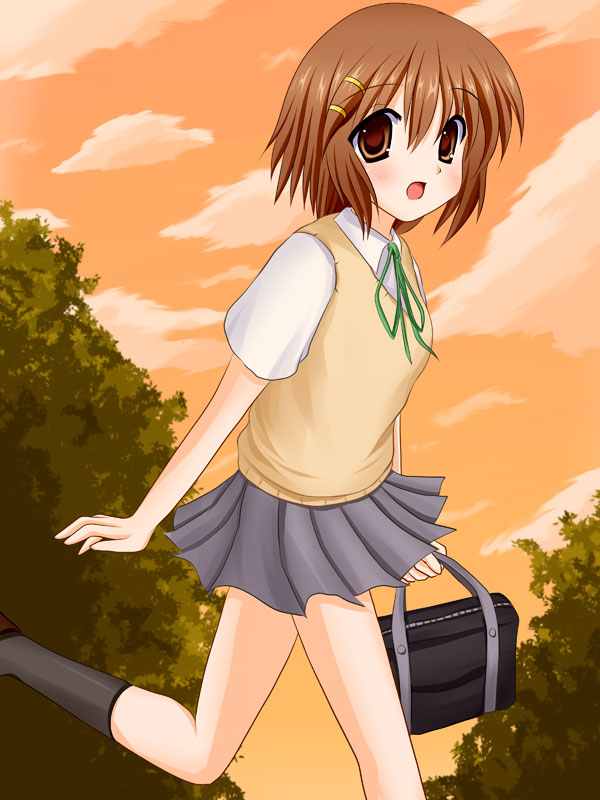 cross (artist), cross (crossryou), hirasawa yui, k-on!, 00s, 1girl, bag, brown eyes, brown hair, female focus, running, school uniform, short hair, solo
