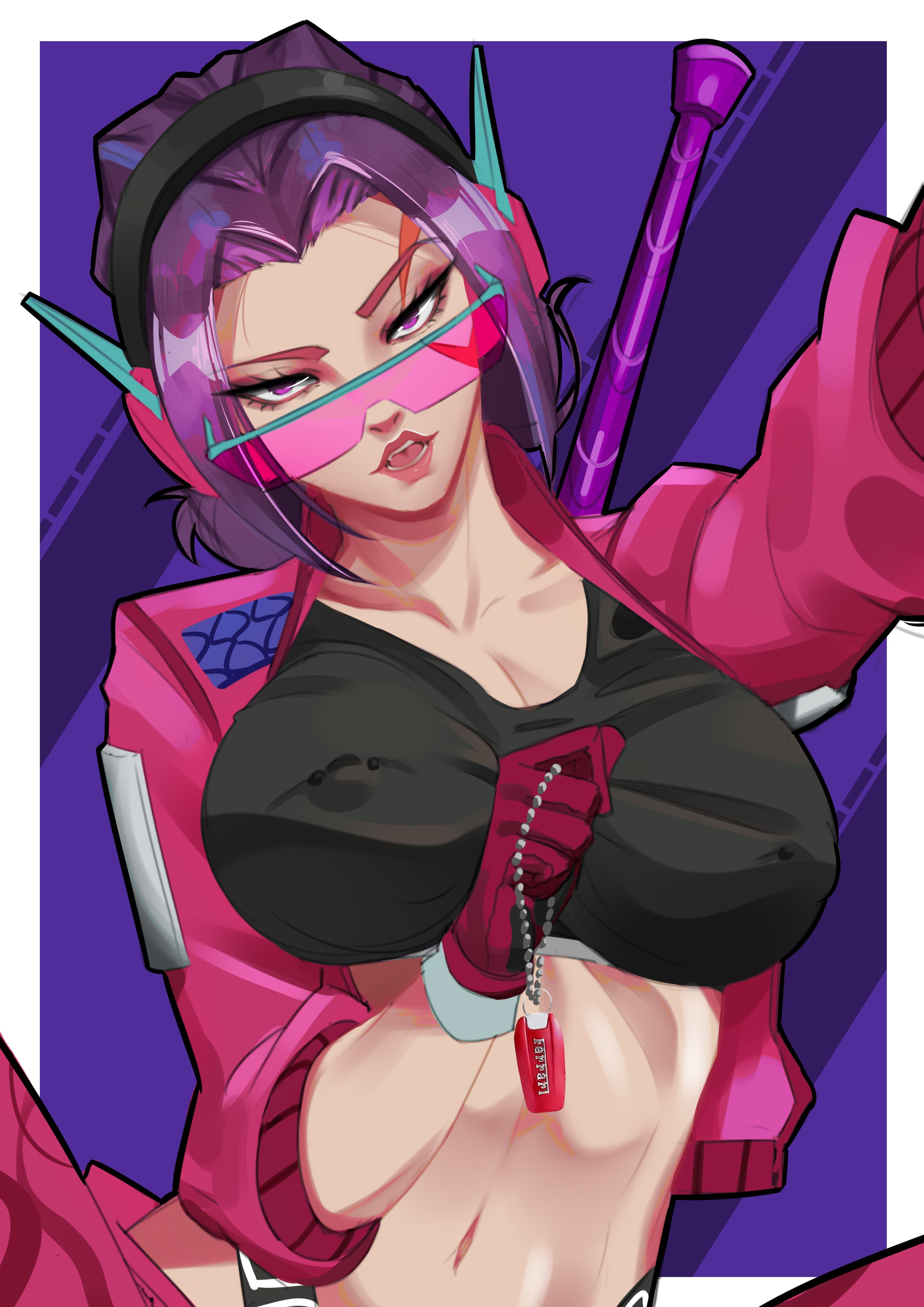 hayashidraws, psylocke, psylocke (fleeting butterfly), marvel, marvel rivals, absurdres, commentary, english commentary, highres, 1girl, black sports bra, breasts, covered erect nipples, headphones, holding, holding jewelry, holding necklace, jacket, jewelry, large breasts, looking at viewer, navel, necklace, official alternate costume, open mouth, pink-tinted eyewear, pink jacket, pink shorts, purple eyes, purple hair, shorts, solo, sports bra, sunglasses, tinted eyewear