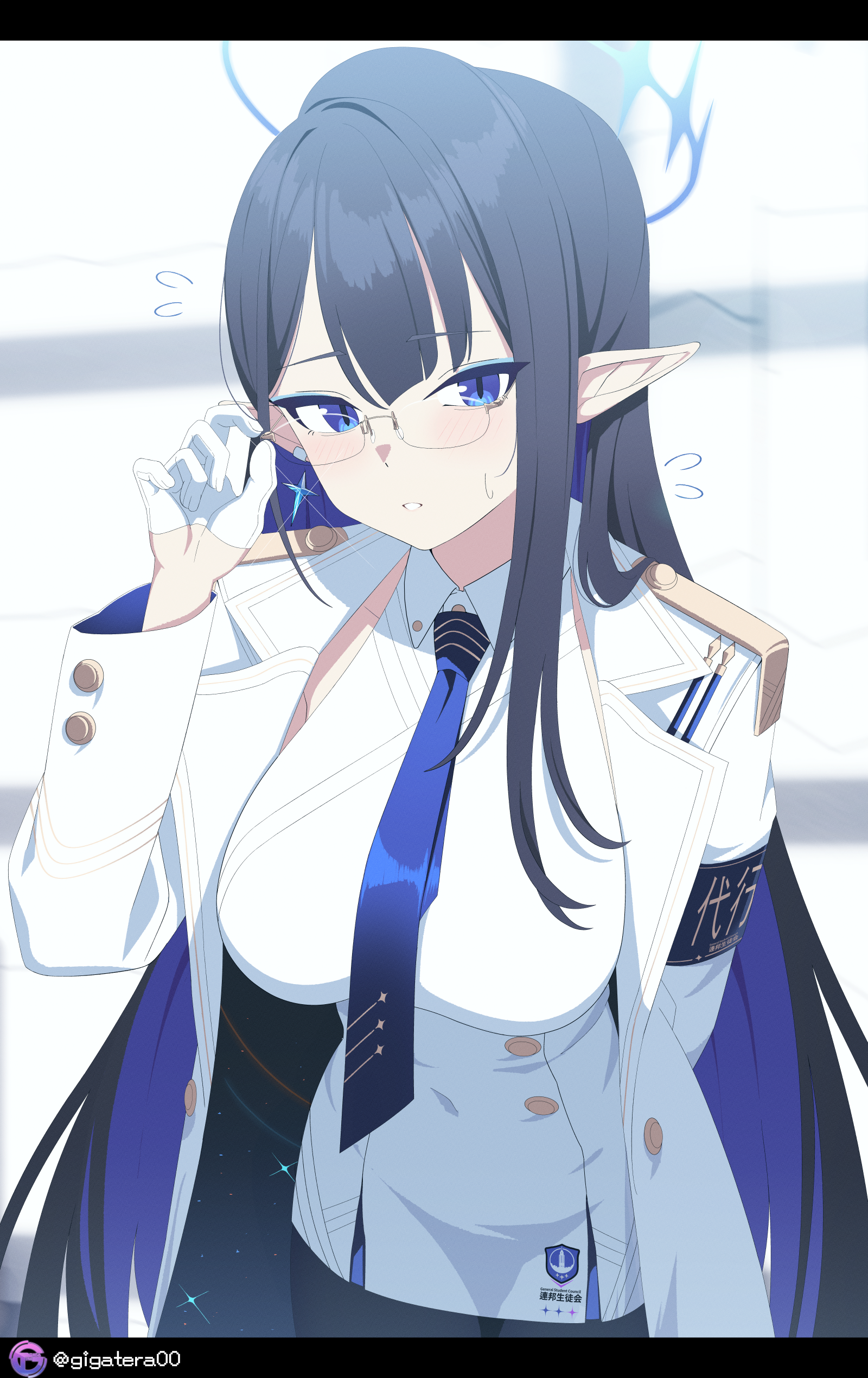 giga-tera, rin (blue archive), blue archive, absurdres, highres, 1girl, adjusting eyewear, armband, artist name, black hair, blue eyeliner, blue eyes, blue hair, blue halo, blue necktie, breasts, coat, collared dress, colored inner hair, dress, eyeliner, flying sweatdrops, glasses, gloves, halo, hand on eyewear, japanese clothes, large breasts, letterboxed, long hair, long pointy ears, looking at viewer, makeup, multicolored hair, necktie, parted lips, pointy ears, rimless eyewear, slit pupils, sweatdrop, tight clothes, tight dress, twitter username, very long hair, white coat, white gloves