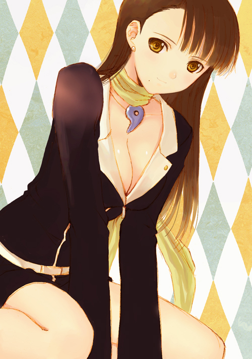 seiru (prairie), mia fey, ace attorney, capcom, 1girl, arm support, belt, belt skirt, between legs, black dress, blazer, blunt bangs, breasts, brown hair, buttons, checkered background, cleavage, dress, earrings, female focus, hand between legs, jacket, jewelry, large breasts, leaning forward, light smile, long hair, long sleeves, looking at viewer, magatama, mole, mole under mouth, orange eyes, scarf, short dress, sitting, smile, solo, wariza, yellow eyes