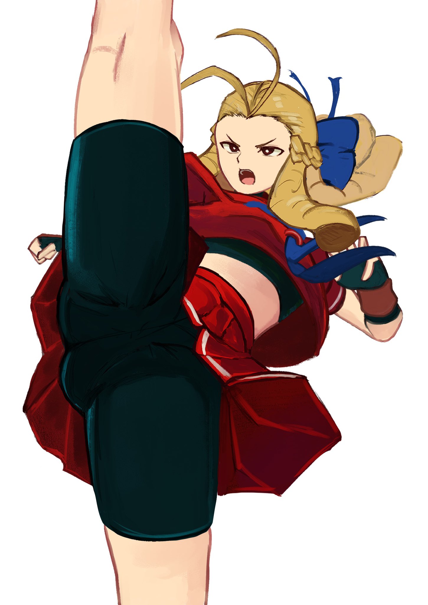 tikuwabu 33, kanzuki karin, capcom, street fighter, street fighter zero (series), highres, 1girl, ahoge, bike shorts, black shorts, blonde hair, blue bow, bow, cowboy shot, drill hair, fingerless gloves, gloves, kicking, red shirt, red skirt, school uniform, shirt, shorts, skirt, solo, white background