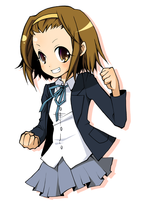 moriwo, tainaka ritsu, k-on!, bad id, bad pixiv id, 00s, 1girl, brown eyes, brown hair, clenched hand, female focus, grin, hairband, school uniform, short hair, smile, solo, tomboy, white background