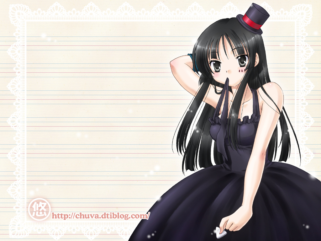 izumi yuu (chuva), akiyama mio, don't say "lazy", k-on!, 00s, 1girl, black eyes, black hair, dress, facepaint, female focus, hat, long hair, mini hat, mini top hat, mouth hold, plectrum, solo, top hat