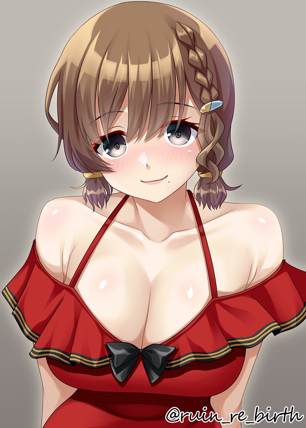 ruin re birth, asahi (kancolle), asahi (swimsuit) (kancolle), kantai collection, highres, 1girl, braid, breasts, brown hair, casual one-piece swimsuit, clothes on shoulders, frilled one-piece swimsuit, frills, grey background, grey eyes, large breasts, looking at viewer, mole, mole under mouth, off-shoulder one-piece swimsuit, off shoulder, one-piece swimsuit, red one-piece swimsuit, short hair, side braids, smile, solo, spaghetti strap, swimsuit, twitter username, upper body