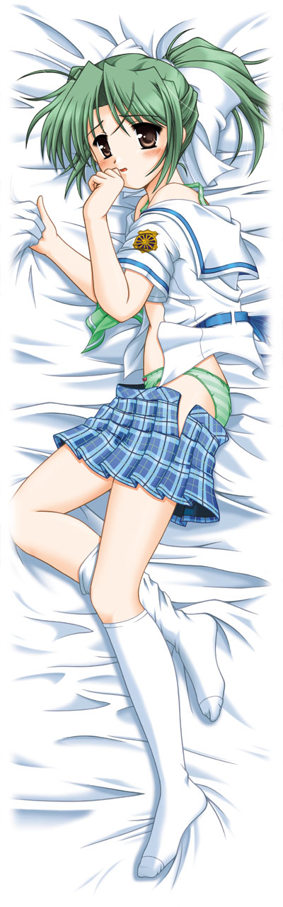 fana, tooyama midori, yoake mae yori ruri iro na, highres, long image, tall image, blush, bow, bow panties, brown eyes, dakimakura (medium), feet, full body, green hair, green panties, long hair, lying, on side, panties, plaid clothes, plaid skirt, ponytail, school uniform, skirt, socks, solo, striped clothes, striped panties, underwear