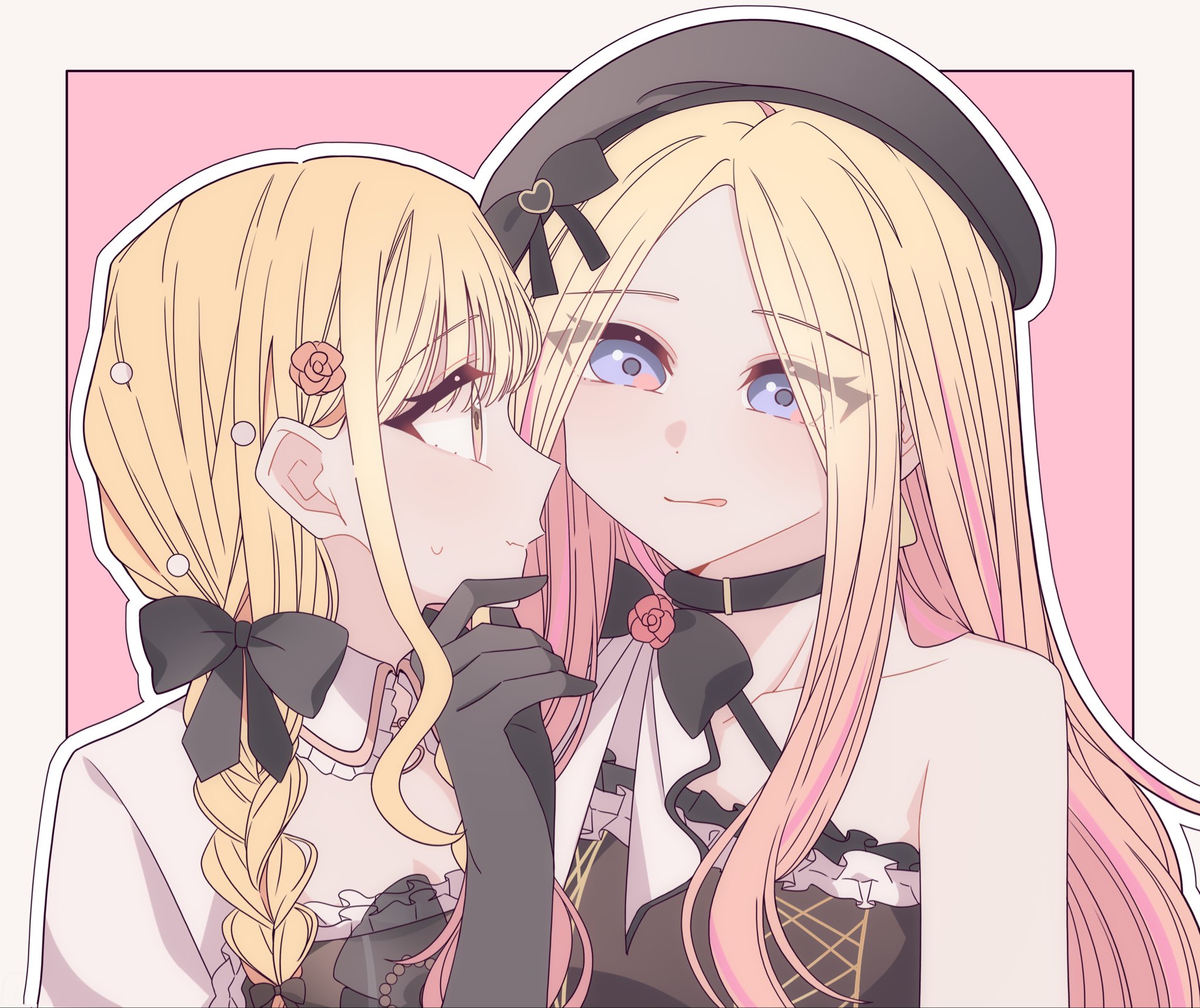 kousaka 0v0, fujita kotone, juo sena, gakuen idolmaster, idolmaster, commentary, highres, 2girls, bare shoulders, black bow, black dress, black gloves, blonde hair, bow, braid, dress, elbow gloves, gloves, hair bow, hand on another's chin, licking lips, long hair, looking at another, multiple girls, orange eyes, outline, pink background, pink streaks, purple eyes, sweat, tongue, tongue out, twin braids, white outline, yuri