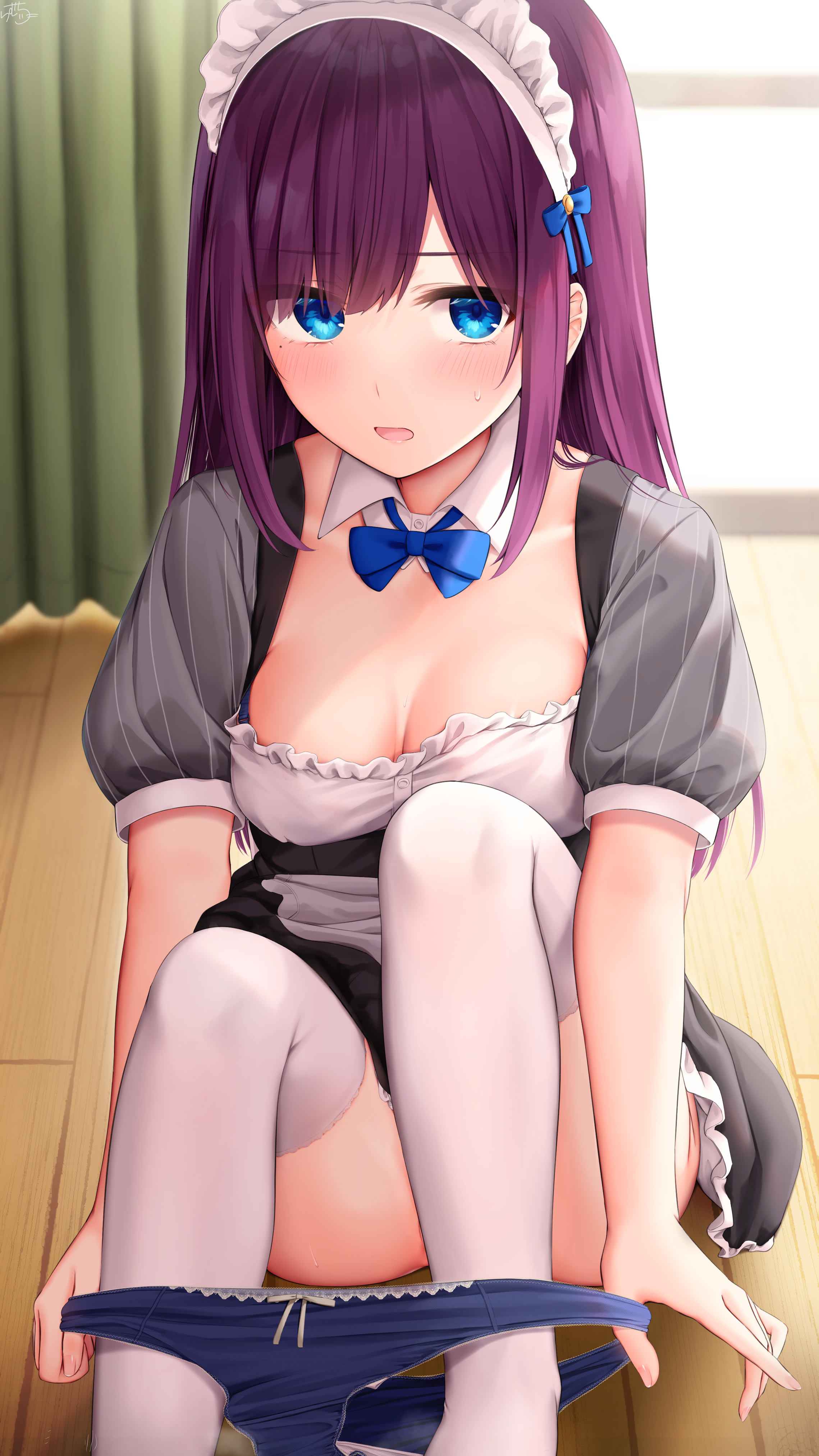 ramchi, maid-chan (ramchi), original, absurdres, commentary request, highres, 1girl, blue bow, blue bowtie, blue eyes, blue panties, blush, bow, bow panties, bowtie, breasts, cleavage, collarbone, detached collar, dress, eyes visible through hair, frilled dress, frills, long hair, looking at viewer, maid, maid headdress, medium breasts, mole, mole under eye, panties, panty pull, purple hair, short sleeves, sitting, straight hair, sweat, swept bangs, thighhighs, thighs, underwear, white thighhighs