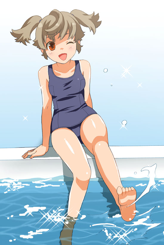mattaku mousuke, original, 1girl, barefoot, feet, female focus, legs, one-piece swimsuit, one eye closed, open mouth, pool, school swimsuit, short hair, short twintails, soles, solo, swimsuit, toes, twintails, water, wink