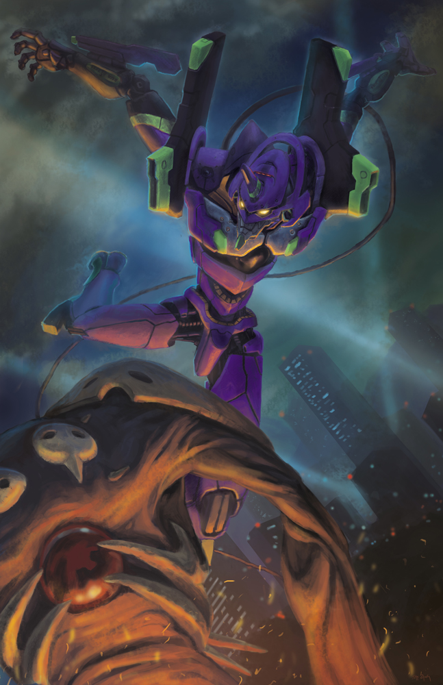 doomsplosion, angel (evangelion), eva 01, sachiel (evangelion), neon genesis evangelion, battle, cable, cityscape, epic, glowing, glowing eyes, kicking, mecha, mecha focus, night, robot, spotlight