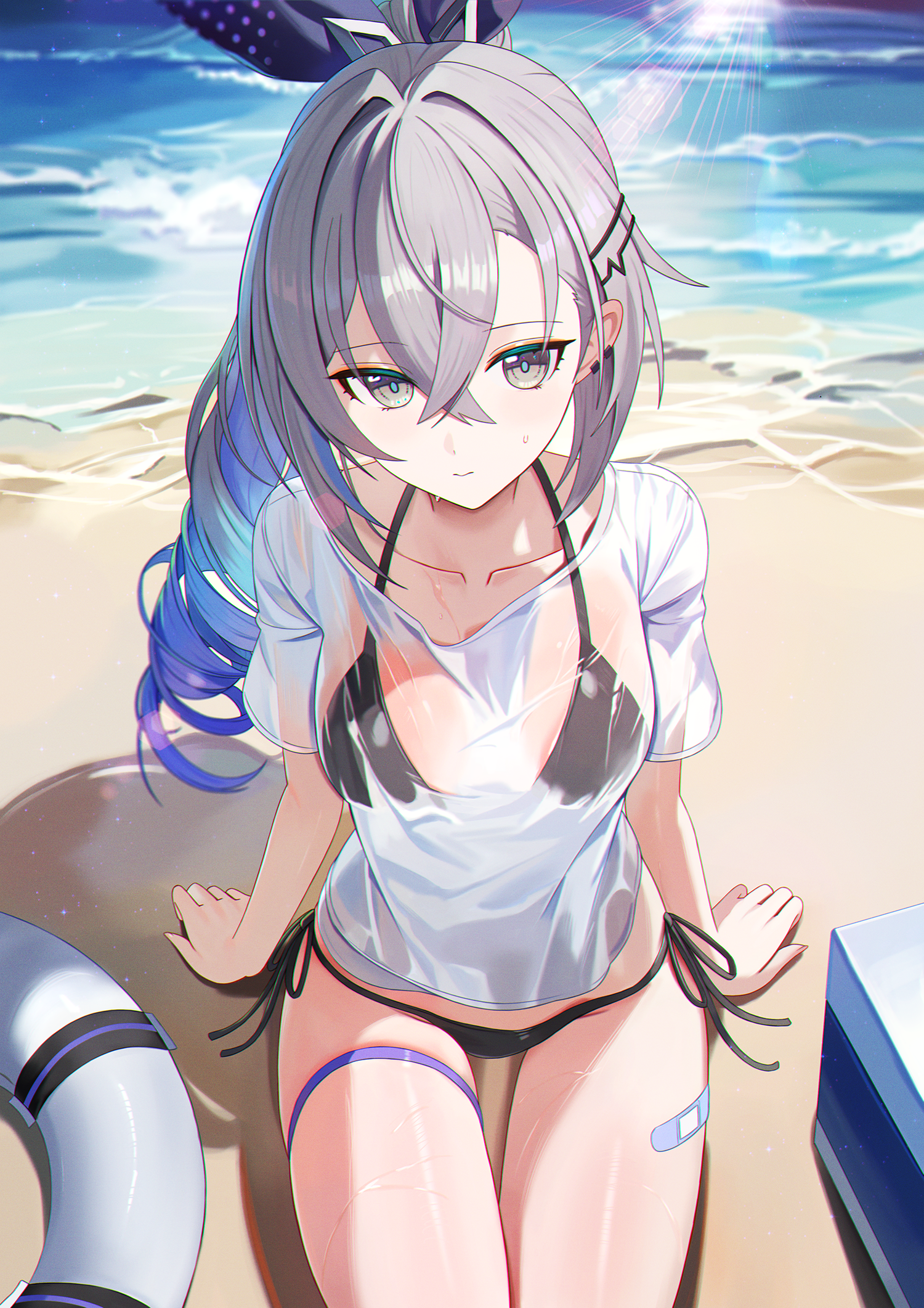 melreon, silver wolf (honkai: star rail), honkai: star rail, honkai (series), commentary, highres, 1girl, alternate costume, beach, bikini, bikini top under shirt, bikini under clothes, black bikini, breasts, collarbone, colored tips, crossed bangs, drill hair, drill ponytail, grey eyes, grey hair, hair between eyes, innertube, looking at viewer, medium breasts, multicolored hair, ocean, shirt, side-tie bikini bottom, single drill, sitting, solo, swim ring, swimsuit, thigh strap, wet, wet clothes, wet shirt, white shirt