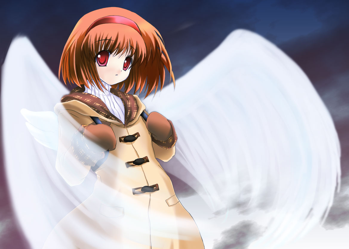 saka, tsukimiya ayu, kanon, bad id, bad pixiv id, backpack, bag, brown hair, hairband, mittens, randoseru, red eyes, short hair, solo, wings, winter clothes