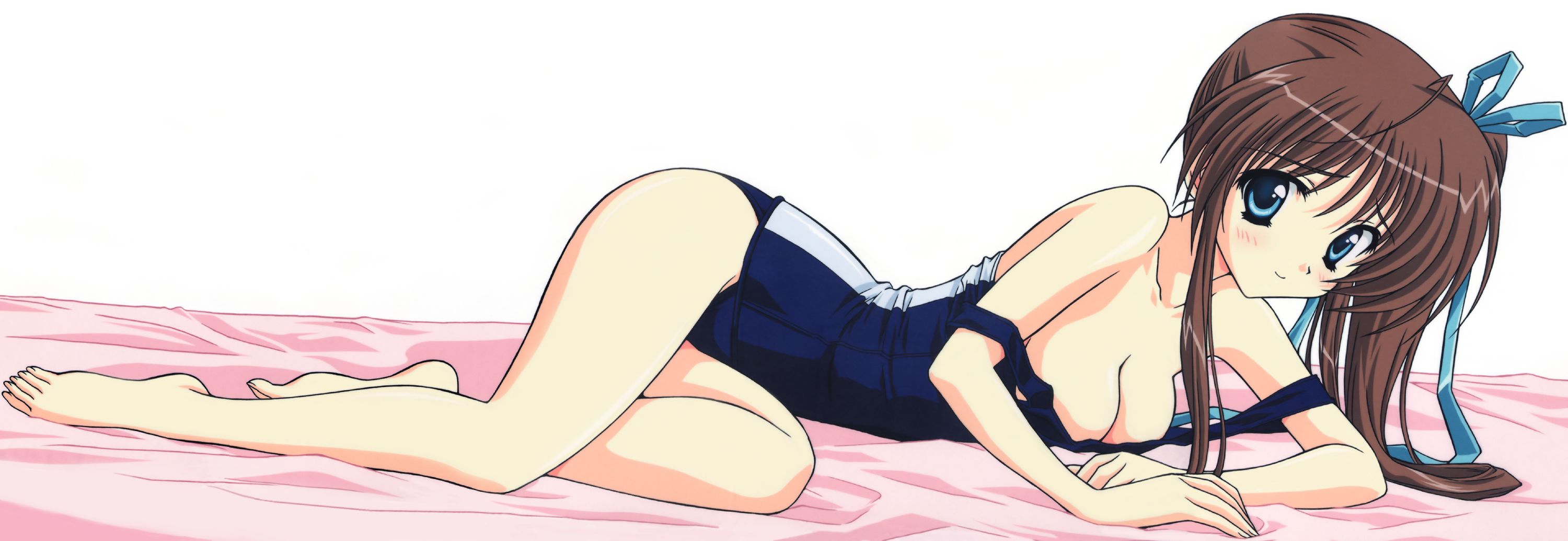 nagase minato, akane-iro ni somaru saka, highres, long image, non-web source, wide image, 1girl, barefoot, bed sheet, breasts, brown hair, cleavage, feet, female focus, green eyes, legs, long legs, one-piece swimsuit, ponytail, ribbon, school swimsuit, solo, swimsuit, thighs
