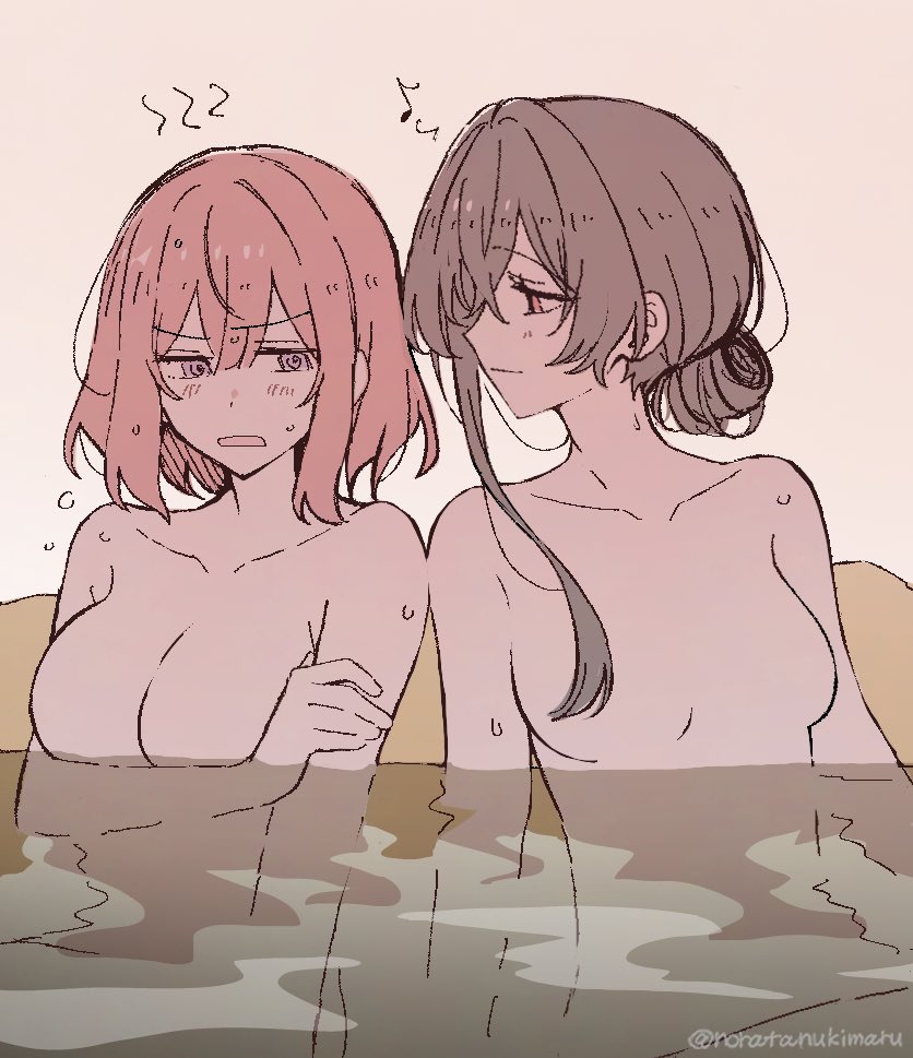 noratanukimaru, amaori renako, sena ajisai, watashi ga koibito ni nareru wake naijan murimuri!, commentary request, 2girls, @ @, blush, breasts, brown hair, closed mouth, eighth note, large breasts, medium hair, multiple girls, musical note, nude, onsen, partially submerged, pink hair, purple eyes, same-sex bathing, shared bathing, smile, sweat, twitter username, wet, yuri