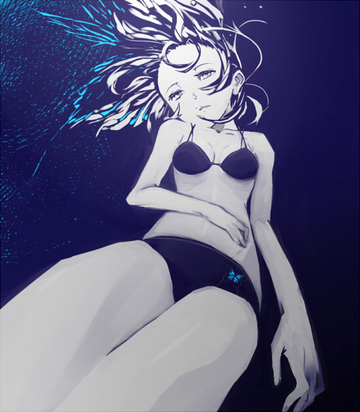 kahadu (kawazu), original, bad id, bad pixiv id, 1girl, bikini, black hair, blue theme, female focus, grey eyes, monochrome, solo, swimsuit, underwater