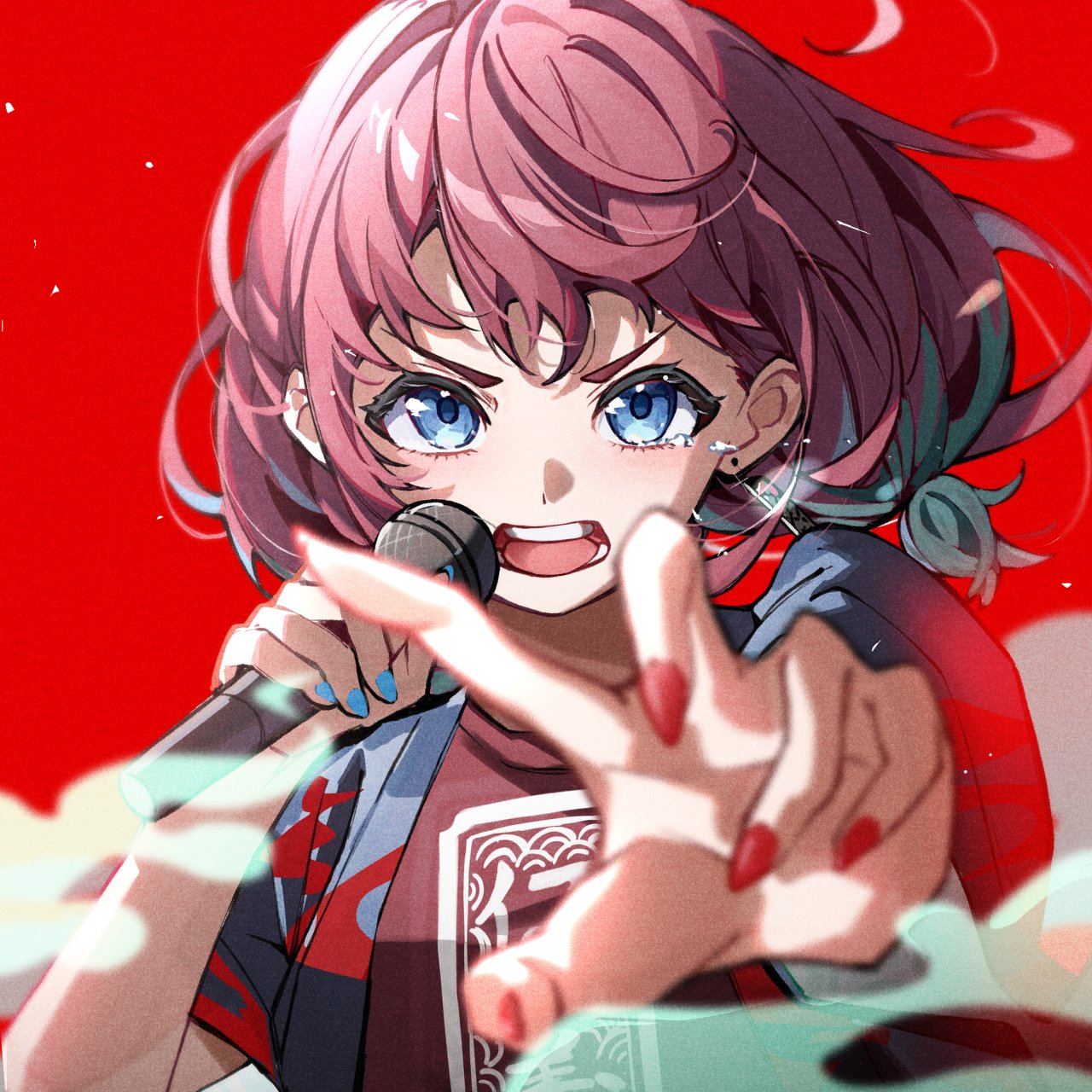 mnemo (mnemorikriyairo), iseri nina, girls band cry, highres, 1girl, blue eyes, blue nails, blurry, blurry foreground, earrings, holding, holding microphone, jewelry, looking at viewer, microphone, multicolored hair, music, nail polish, open mouth, pink hair, reaching, reaching towards viewer, red background, red nails, red shirt, shirt, short sleeves, singing, solo, upper body, v-shaped eyebrows