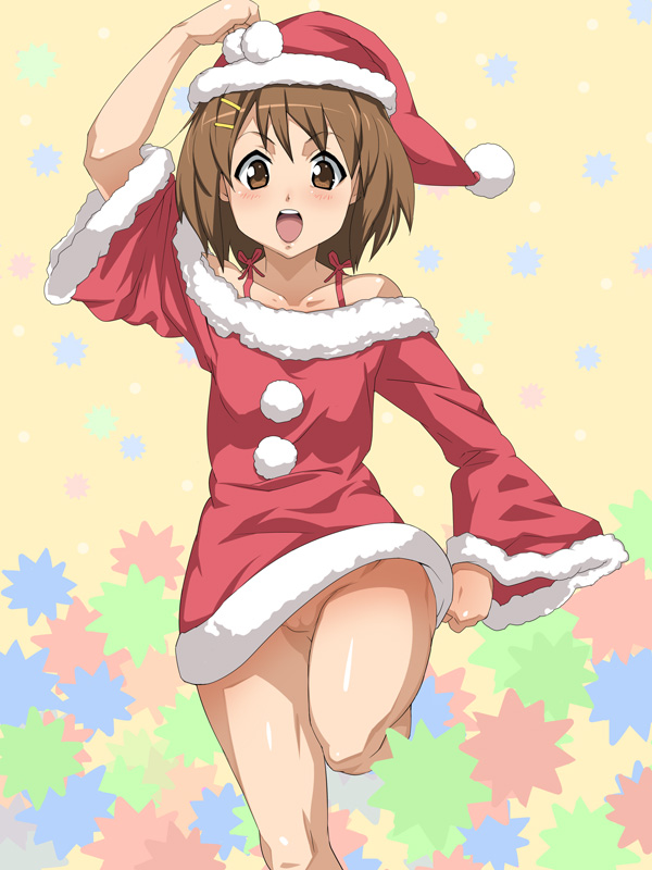 baanin, hirasawa yui, k-on!, bad id, bad pixiv id, 00s, 1girl, bare shoulders, breasts, brown eyes, brown hair, christmas, female focus, hair ornament, hairclip, hat, no panties, open mouth, pussy, santa costume, santa hat, small breasts, solo, upskirt, wind, wind lift