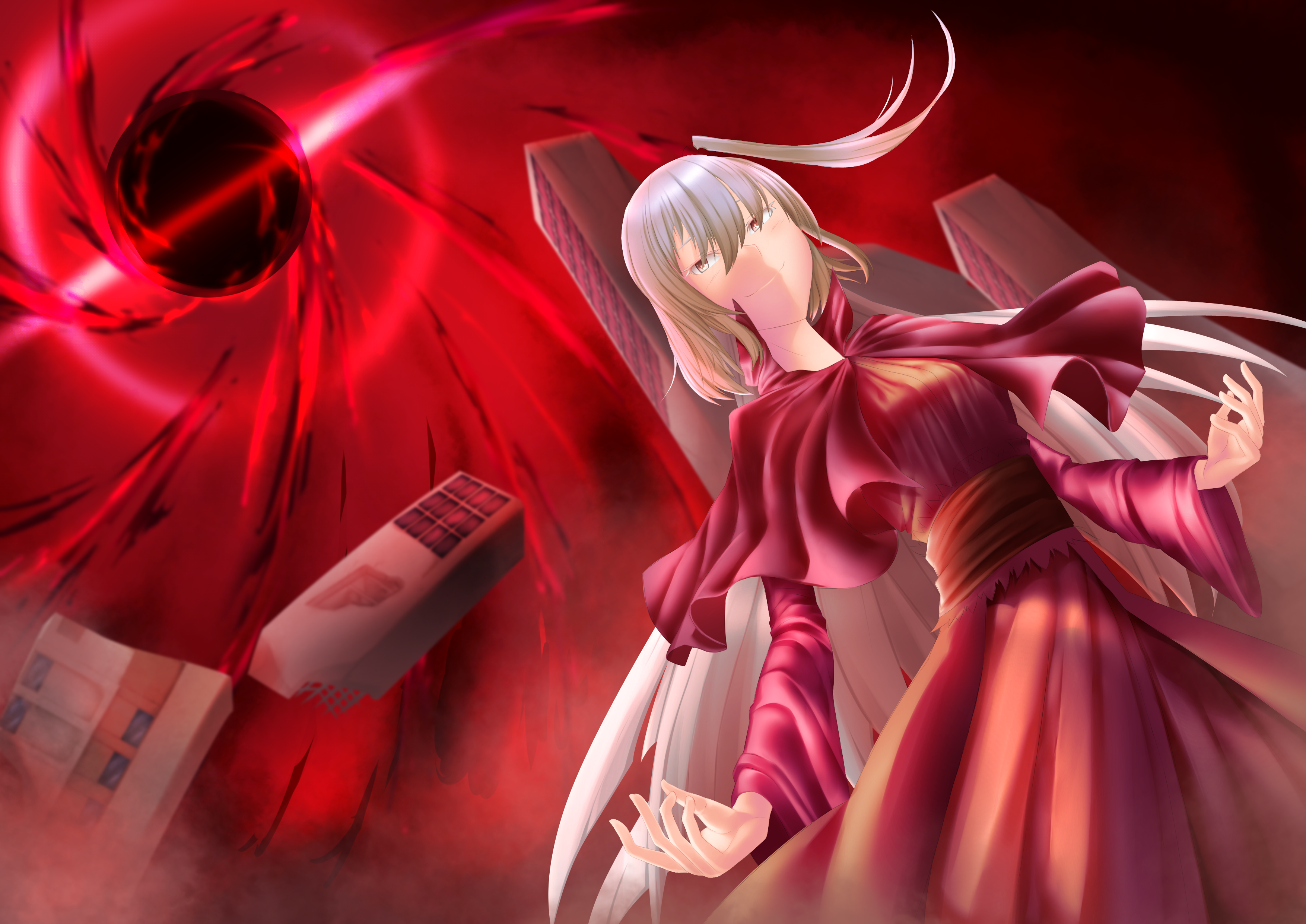 shinki (touhou), touhou, touhou (pc-98), absurdres, commentary, english commentary, highres, 1girl, aranmaho, black hole, bow, breasts, building, capelet, destruction, dress, grey eyes, grey hair, hair bobbles, hair ornament, long hair, multiple wings, one side up, red dress, smile, solo, wings