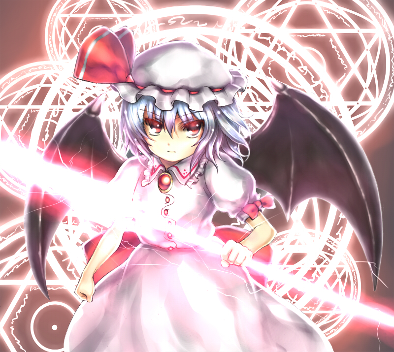 takemori shintarou, remilia scarlet, touhou, bad id, bad pixiv id, 1girl, blue hair, demon wings, female focus, hat, hexagram, lightning, red eyes, solo, spear the gungnir, wings