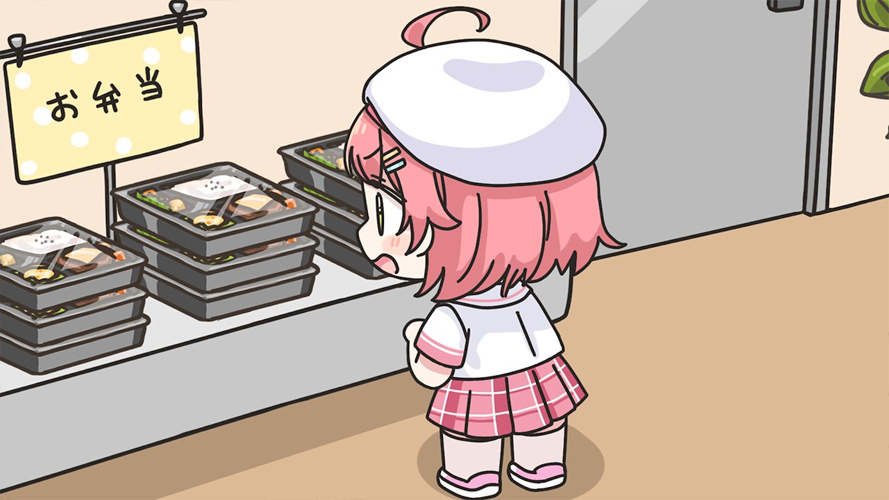mochimiko, sakura miko, sakura miko (school uniform), hololive, commentary request, translation request, 1girl, :d, ahoge, bento, beret, blush stickers, chibi, door, green eyes, hair ornament, hairclip, hat, indoors, open mouth, pink hair, pink shoes, pink skirt, plaid clothes, plaid skirt, pleated skirt, sailor collar, school uniform, serafuku, shirt, shoes, short sleeves, signature, skirt, smile, solo, standing, thighhighs, virtual youtuber, white hat, white sailor collar, white shirt, white thighhighs
