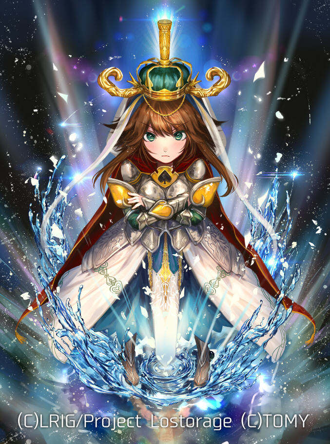 dqn (dqnww), wixoss, official art, 1girl, armor, armored dress, black shoes, brown hair, closed mouth, copyright notice, crossed arms, dress, excaliburn (wixoss), green eyes, hair flaps, long hair, looking at viewer, shoes, sidelocks, solo, sword, very long hair, water, weapon, white dress