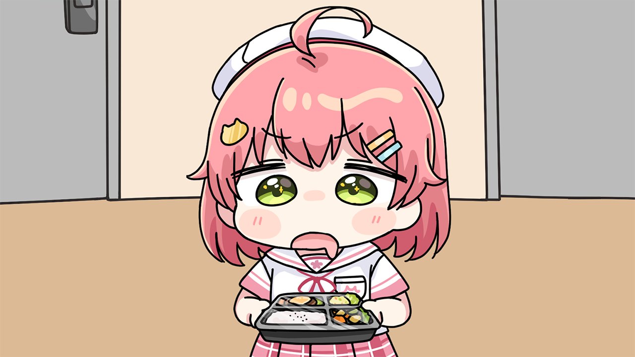 mochimiko, sakura miko, sakura miko (school uniform), hololive, 1girl, ahoge, bento, beret, blush stickers, chibi, door, drooling, hair ornament, hairclip, hat, holding, indoors, mouth drool, neck ribbon, open mouth, pink hair, pink skirt, plaid clothes, plaid skirt, pleated skirt, red ribbon, ribbon, sailor collar, school uniform, serafuku, shirt, short sleeves, skirt, solo, virtual youtuber, white hat, white sailor collar, white shirt