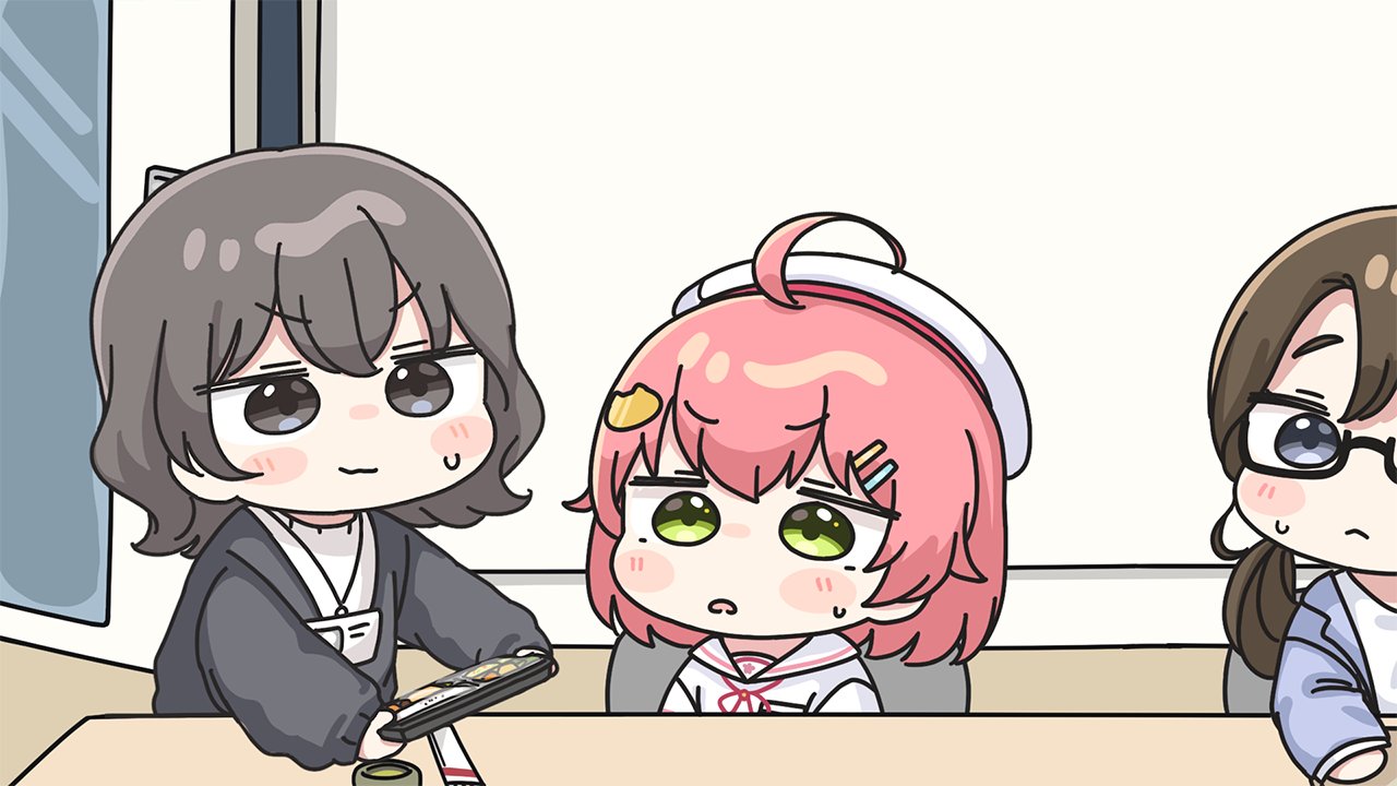 mochimiko, sakura miko, sakura miko (school uniform), hololive, 3girls, bento, beret, black-framed eyewear, black sweater, blush stickers, brown hair, chibi, closed mouth, cup, glasses, green eyes, grey eyes, hair between eyes, hair ornament, hairclip, hat, holding, indoors, long sleeves, multiple girls, neck ribbon, open door, parted lips, pink hair, puffy long sleeves, puffy sleeves, red ribbon, ribbon, sailor collar, school uniform, semi-rimless eyewear, serafuku, shirt, small sweatdrop, sweat, sweater, table, under-rim eyewear, v-shaped eyebrows, virtual youtuber, white hat, white sailor collar, white shirt, yunomi