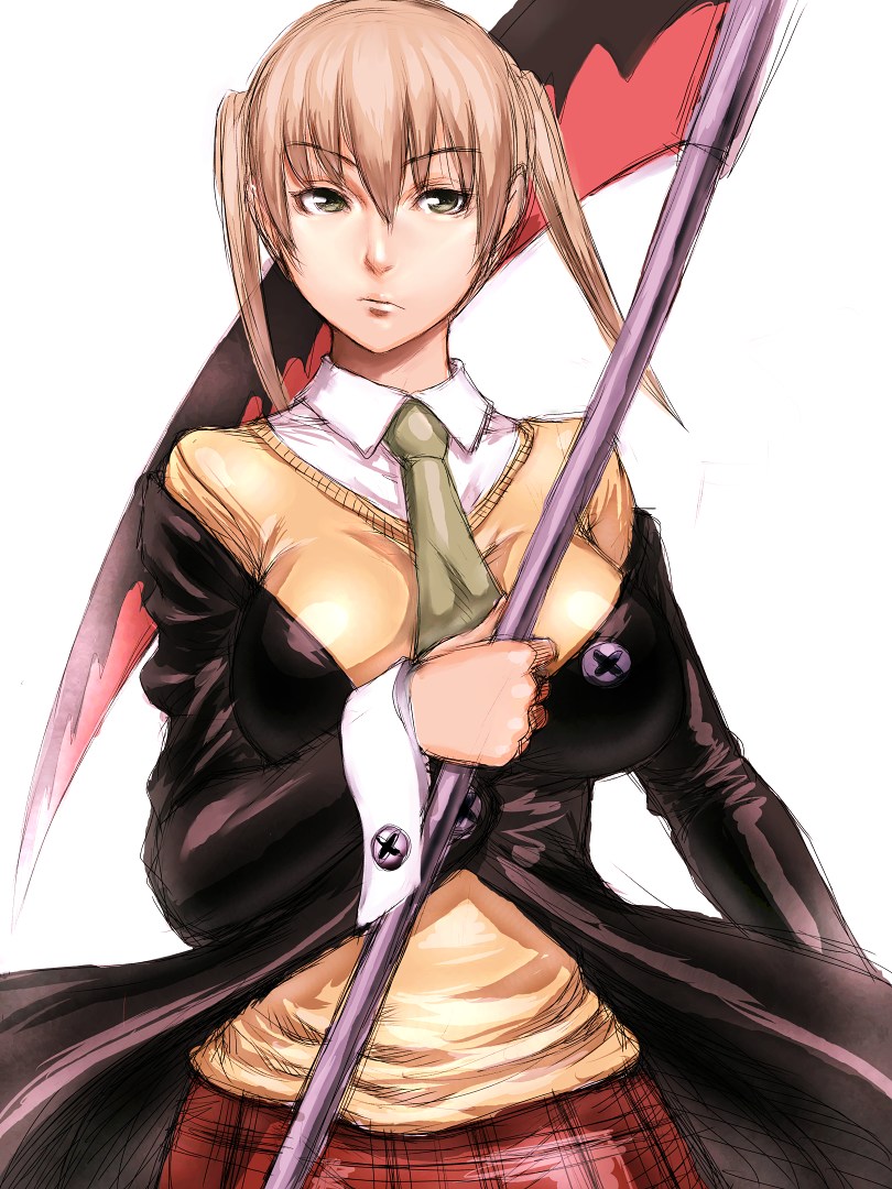 fumio (rsqkr), maka albarn, soul eater, 00s, 1girl, aged up, blonde hair, breasts, female focus, green eyes, large breasts, necktie, scythe, sketch, skirt, solo, twintails