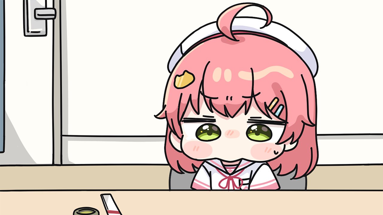 mochimiko, sakura miko, sakura miko (school uniform), hololive, 1girl, ahoge, beret, blush, blush stickers, chibi, cup, door, green eyes, hair ornament, hairclip, hat, indoors, looking down, neck ribbon, nose blush, pink hair, red ribbon, ribbon, sailor collar, school uniform, serafuku, shirt, short sleeves, small sweatdrop, solo, sweat, table, upper body, v-shaped eyebrows, virtual youtuber, white hat, white sailor collar, white shirt, yunomi, yurie mouth