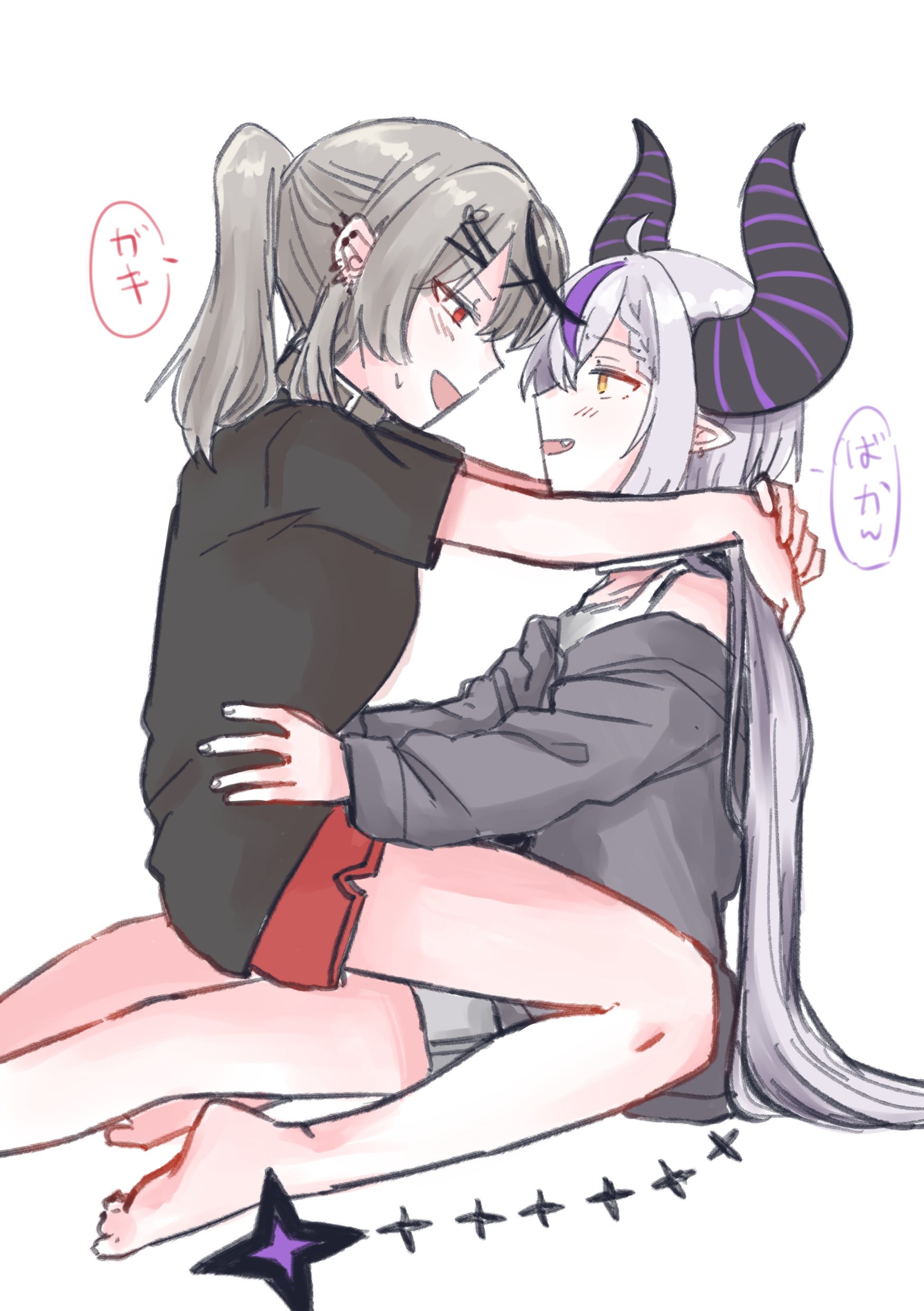 tora (nanamiiill), la+ darknesss, sakamata chloe, hololive, absurdres, commentary, highres, symbol-only commentary, translation request, 2girls, arms around neck, barefoot, black hair, black shirt, blush, demon girl, demon horns, ear piercing, fang, grey hair, grey hoodie, hand on another's waist, hood, hoodie, horns, long hair, multicolored hair, multiple girls, piercing, pointy ears, ponytail, purple hair, red eyes, red shorts, shirt, shorts, simple background, sitting, sitting on lap, sitting on person, smile, speech bubble, streaked hair, virtual youtuber, white background, yellow eyes, yuri