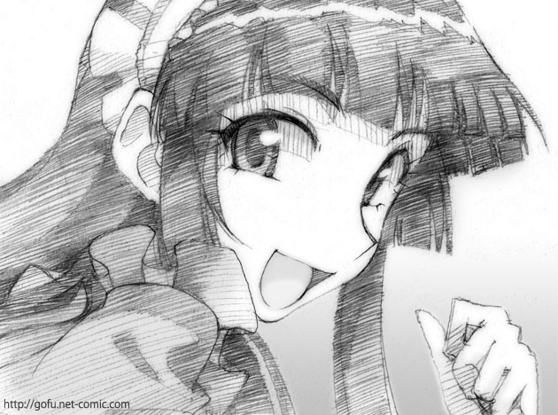 gofu, arashiyama sayoko, natsu no arashi!, traditional media, 00s, 1girl, blunt bangs, female focus, gradient background, greyscale, hairband, hime cut, long hair, monochrome, open mouth, portrait, sketch, solo
