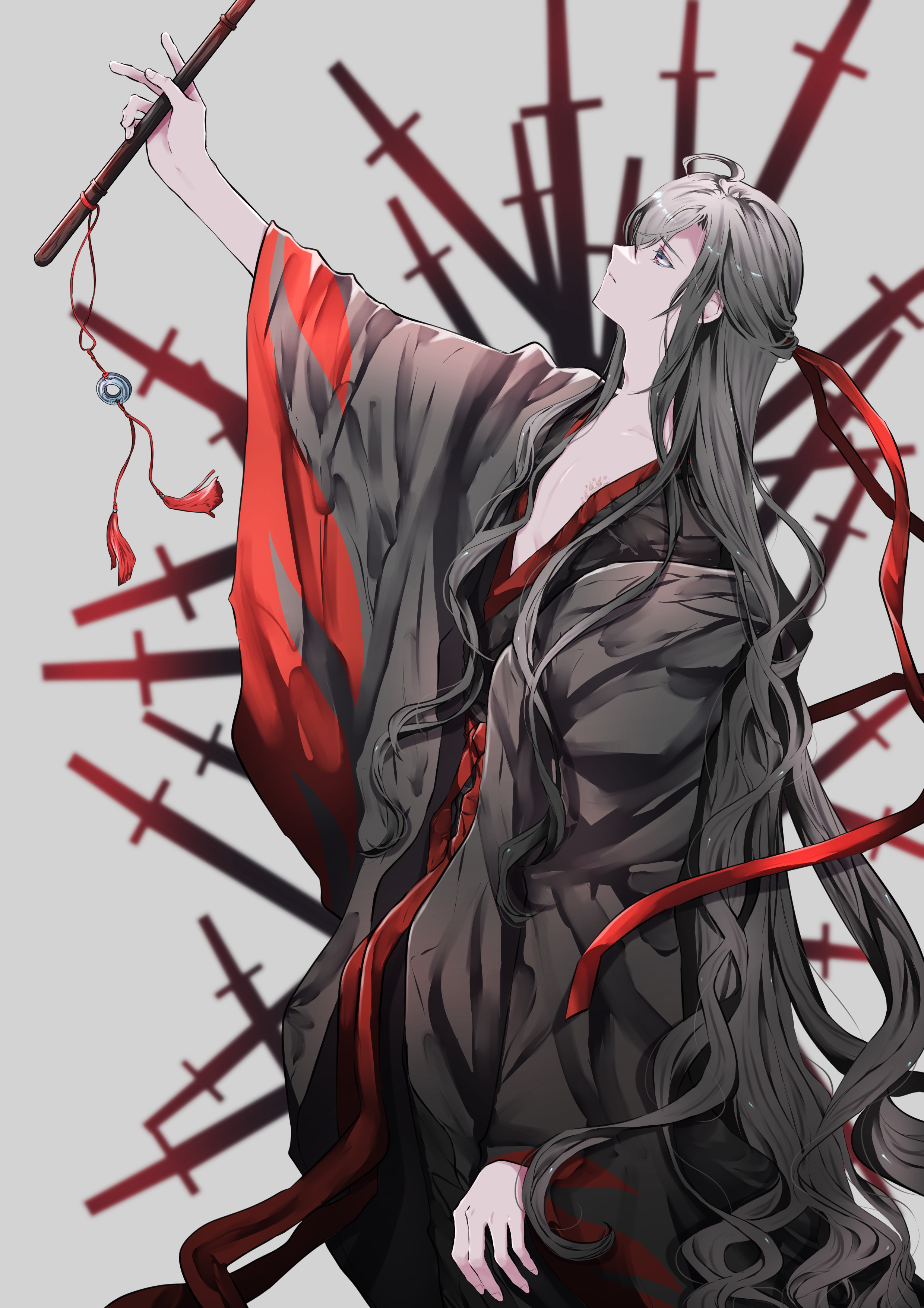 naruse (kmk648), wei wuxian, wei wuxian (yiling laozu), modao zushi, absurdres, highres, 1boy, ahoge, arm up, black hair, black hanfu, branded, chenqing flute, chinese clothes, coat, collarbone, dizi, flute, flute tassel, from side, grey background, grey coat, hair between eyes, hair down, hair ribbon, half updo, hanfu, holding, holding flute, holding instrument, instrument, long hair, long sleeves, looking to the side, looking up, male focus, official alternate costume, official alternate hairstyle, open clothes, open coat, outstretched arm, parted lips, pectoral cleavage, pectorals, planted, planted sword, planted weapon, profile, red eyes, red ribbon, red sash, ribbon, robe, sash, scar, scar on chest, sidelocks, simple background, solo, sword, tassel, transverse flute, very long hair, weapon, wide sleeves