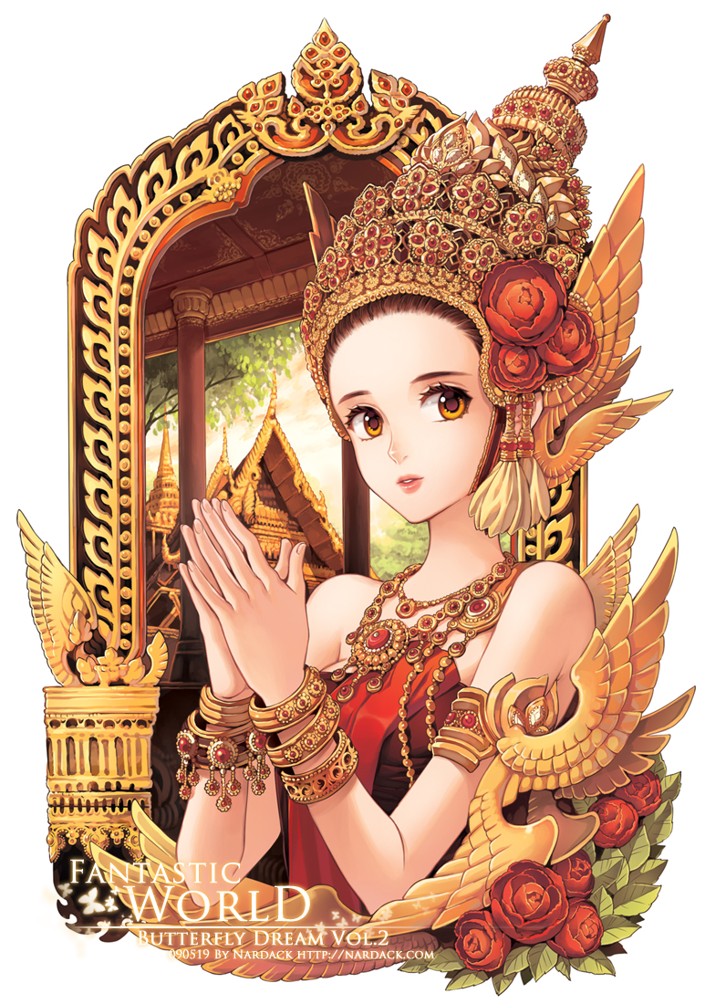 nardack, original, bad id, bad pixiv id, 1girl, armlet, bracelet, brown hair, crown, female focus, flower, gold crown, gold trim, hair flower, hair ornament, hat, head wings, jewelry, lipstick, lots of jewelry, makeup, necklace, peony (flower), solo, thai text, thailand, wings, yellow eyes