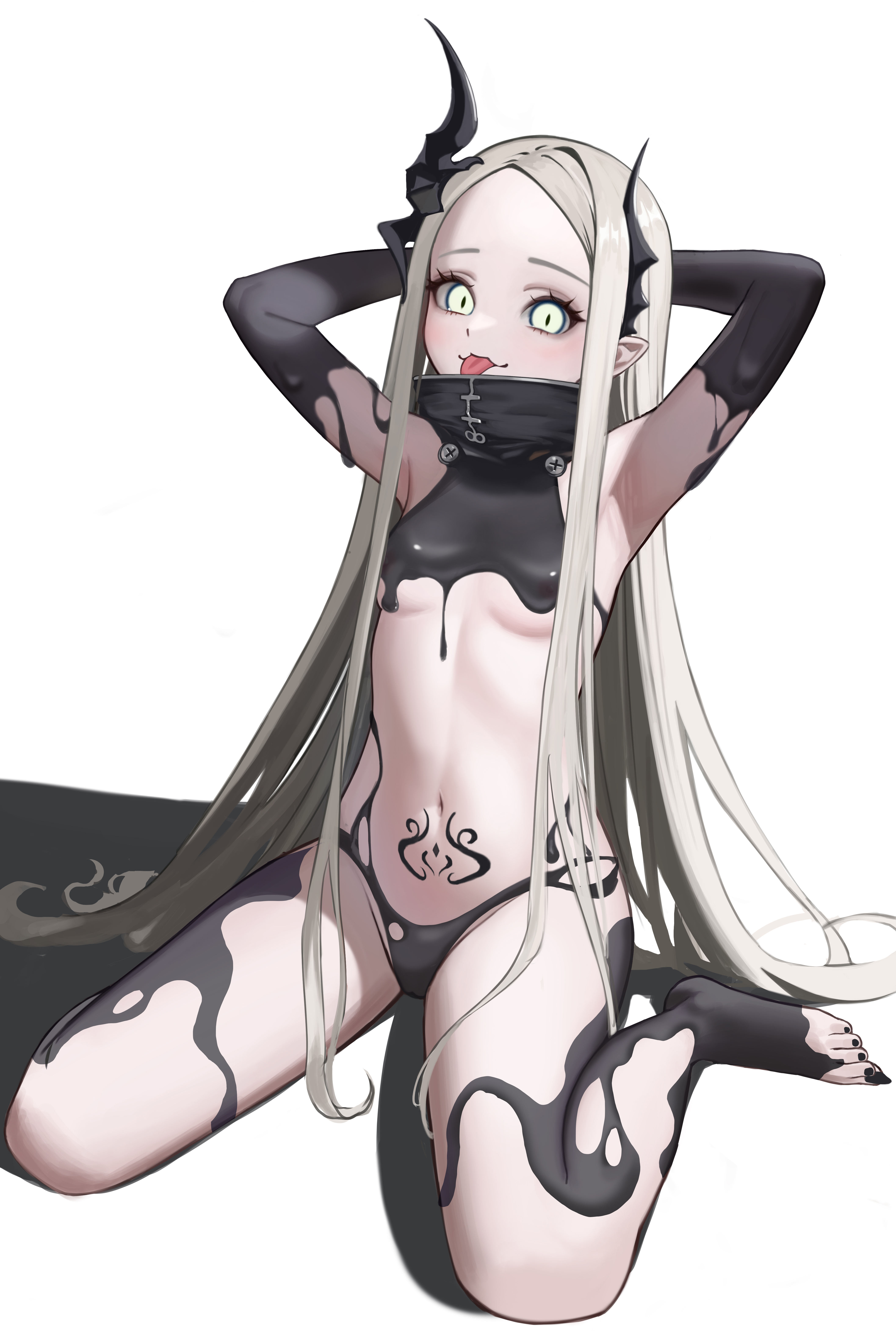 leviathan (nikke), goddess of victory: nikke, absurdres, commentary, highres, 1girl, armpits, arms behind head, bare shoulders, black horns, black liquid, black nails, breasts, forehead, green eyes, grey hair, horns, liquid clothes, long hair, looking at viewer, mesugaki, navel, pointy ears, pubic tattoo, simple background, small breasts, tattoo, thick thighs, thighs, tongue, tongue out, white background, won (won3355)