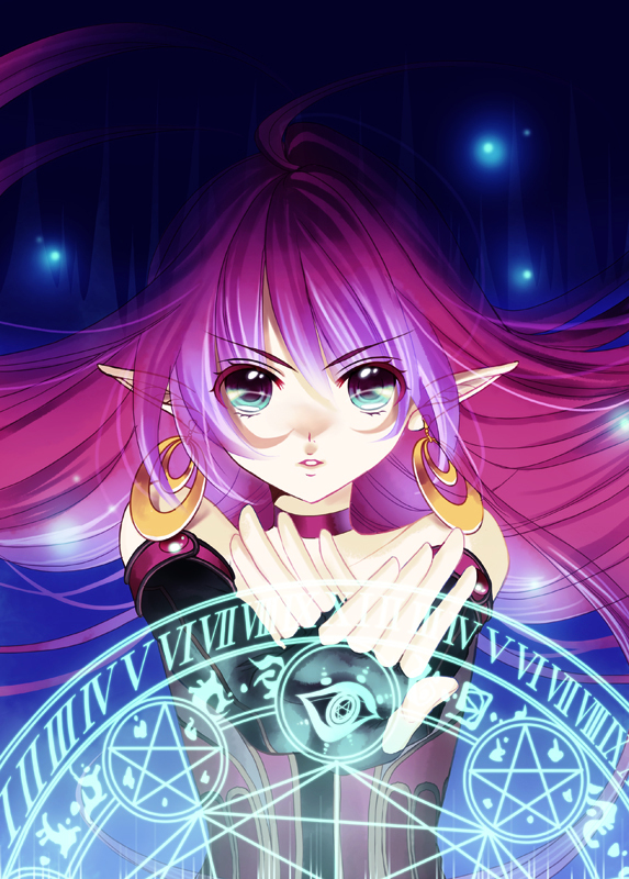 okuma mai, original, bad id, bad pixiv id, earrings, elbow gloves, fingerless gloves, gloves, jewelry, long hair, magic circle, pointy ears, purple eyes, purple hair, solo