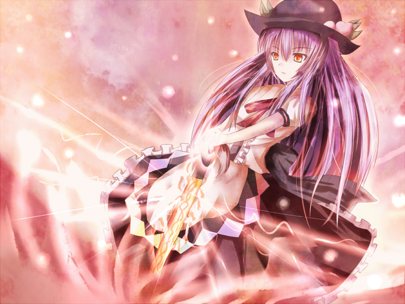 non (nobu), hinanawi tenshi, touhou, 1girl, cloud, female focus, food, fruit, hat, long hair, orange eyes, outdoors, peach, purple hair, sky, solo, standing, sword, sword of hisou, weapon