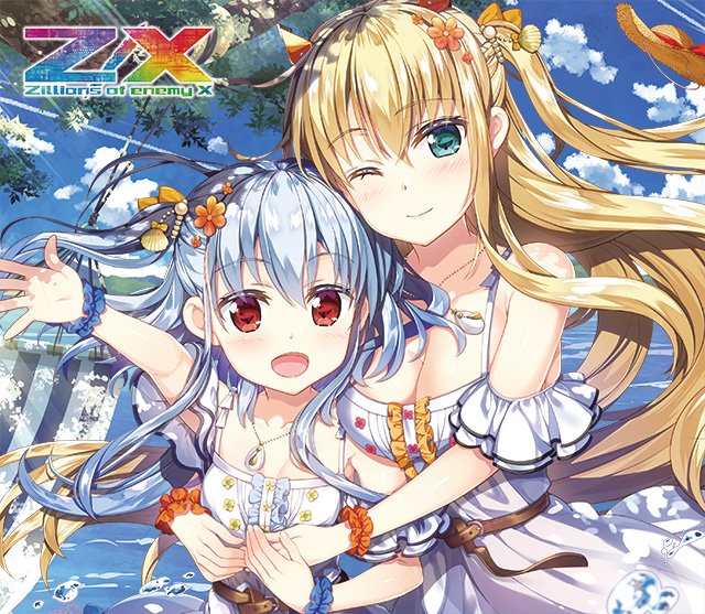 fujima takuya, kagamihara azumi, rigel (z/x), z/x, official art, 2girls, aqua eyes, blonde hair, blue hair, breasts, cleavage, copyright logo, copyright name, dress, flower, frilled wristband, hair flower, hair ornament, hat, hat loss, hug, jewelry, large breasts, logo, long hair, looking at viewer, multiple girls, necklace, one eye closed, open mouth, outdoors, red eyes, shell, shell hair ornament, small breasts, straw hat, sundress, water drop, white dress