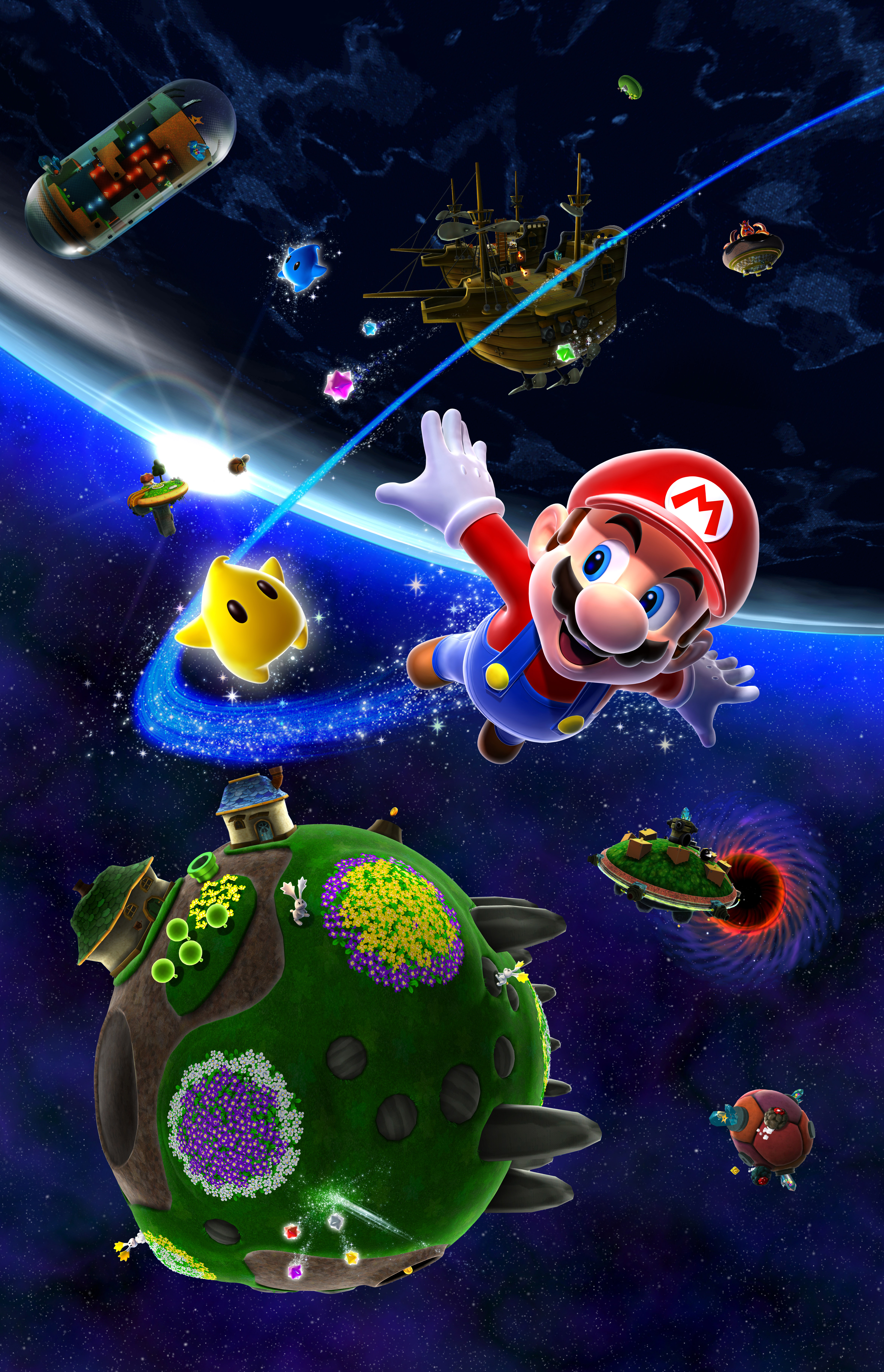 luma (mario), mario, mario (series), nintendo, super mario galaxy, absurdres, highres, official art, 1boy, 3d, blue eyes, brown hair, facial hair, gloves, hat, mustache, overalls, planet, ship, smile, space, watercraft