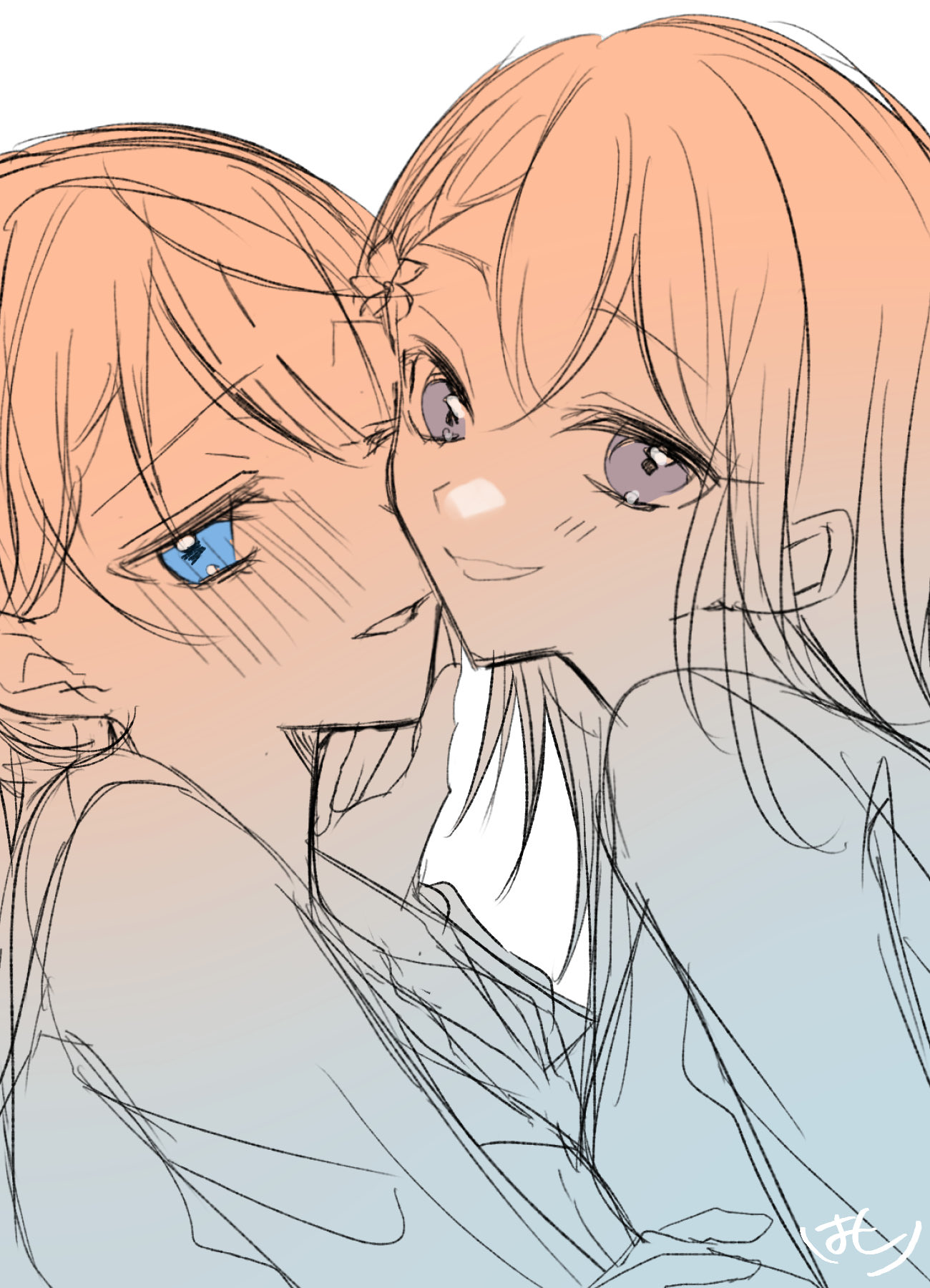 hatori naco, hanasato minori, kiritani haruka, project sekai, commentary, highres, symbol-only commentary, 2girls, blue eyes, blush, flower, hair flower, hair ornament, hand on another's face, long hair, looking at viewer, multiple girls, parted lips, partially colored, purple eyes, short hair, smile, yuri