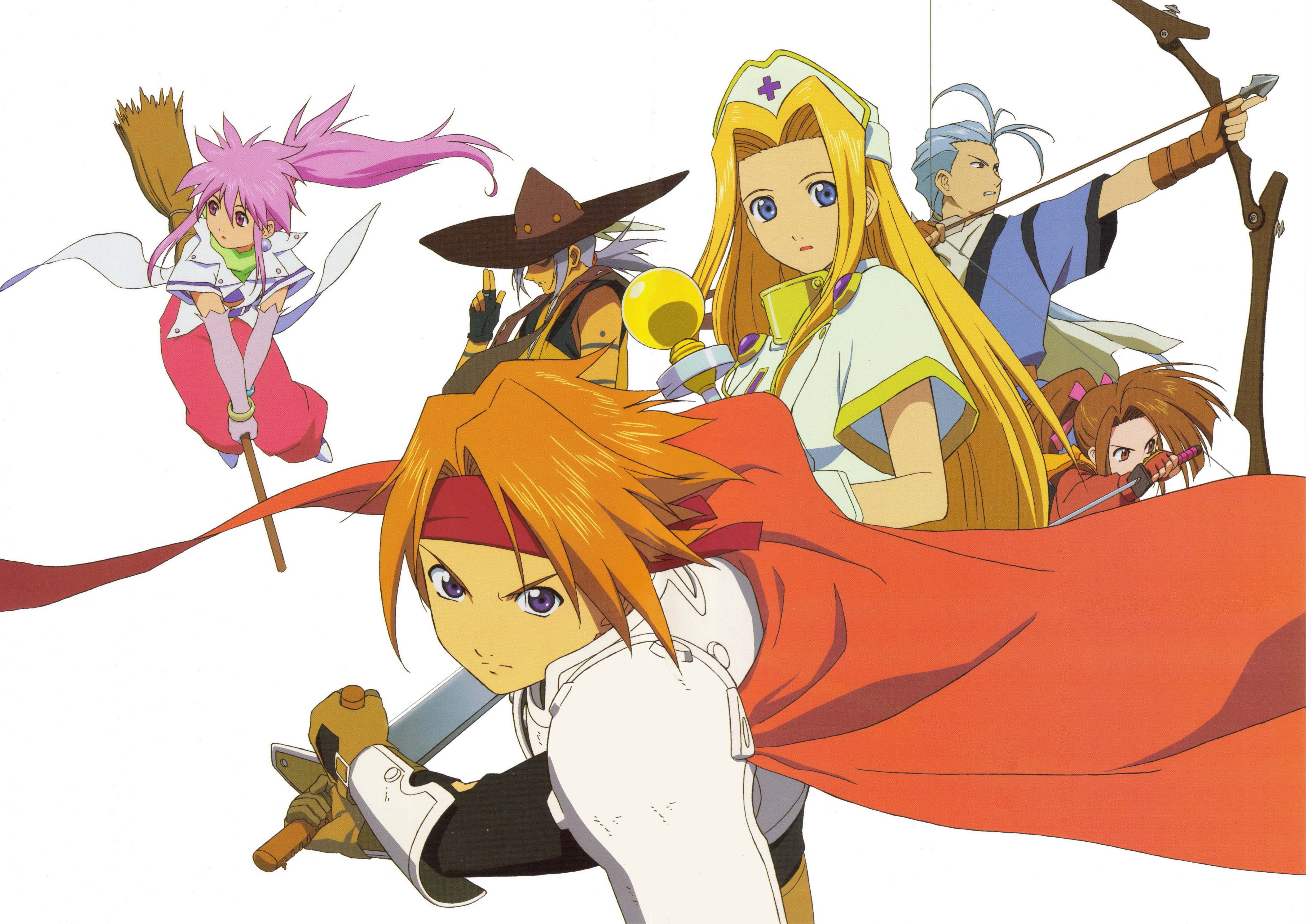 arche klein, chester burklight, claus f. lester, cress albane, fujibayashi suzu, mint adenade, tales of (series), tales of phantasia, absurdres, highres, official art, 3boys, 3girls, armor, arrow (projectile), blonde hair, blue eyes, bow (weapon), broom, brown hair, cape, grey hair, hair intakes, hat, headband, long hair, multiple boys, multiple girls, pants, pink eyes, pink hair, pink pants, ponytail, staff, sword, weapon
